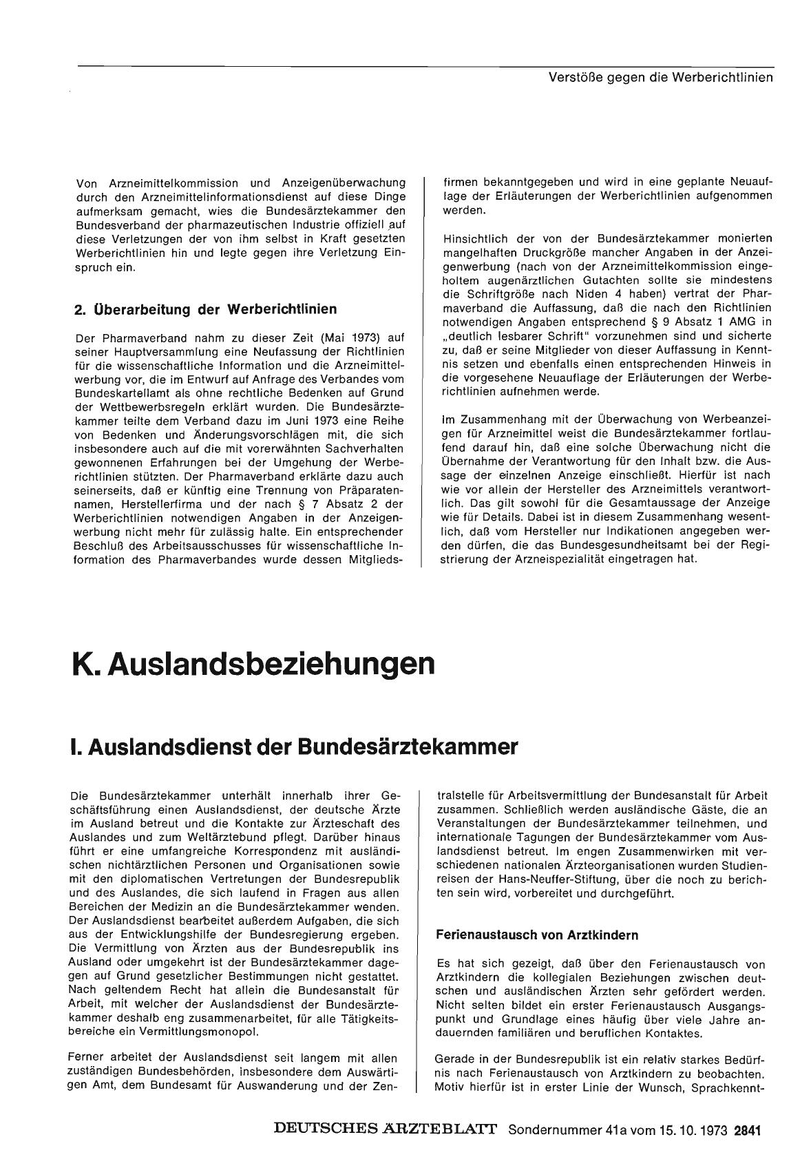 Vorschauseite 1: Bericht über das Jahr 1972/73: K. Auslandsbeziehungen: I. Auslandsdienst der Bundesärztekammer