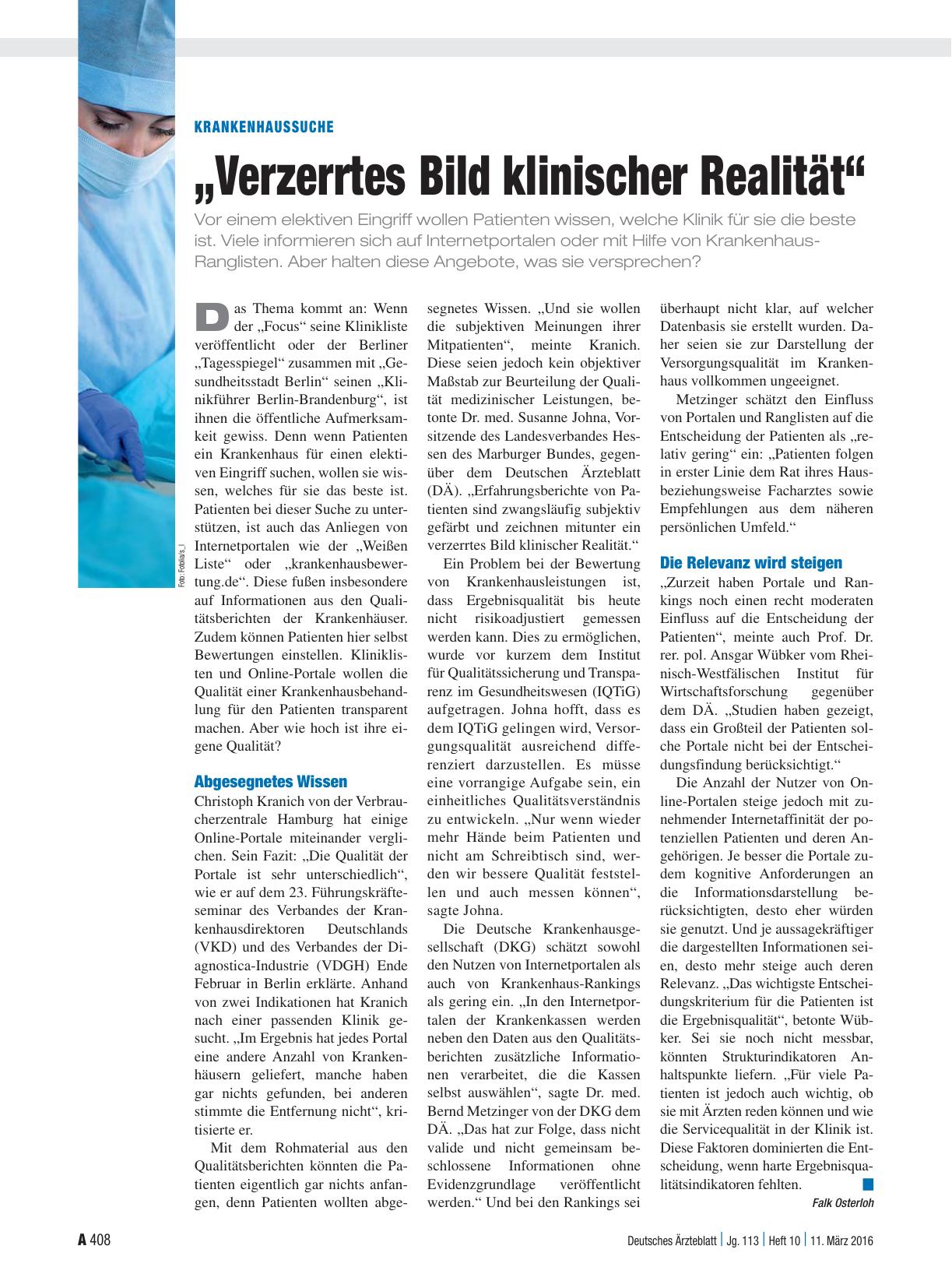 Vorschauseite 1: Krankenhaussuche: „Verzerrtes Bild klinischer Realität“
