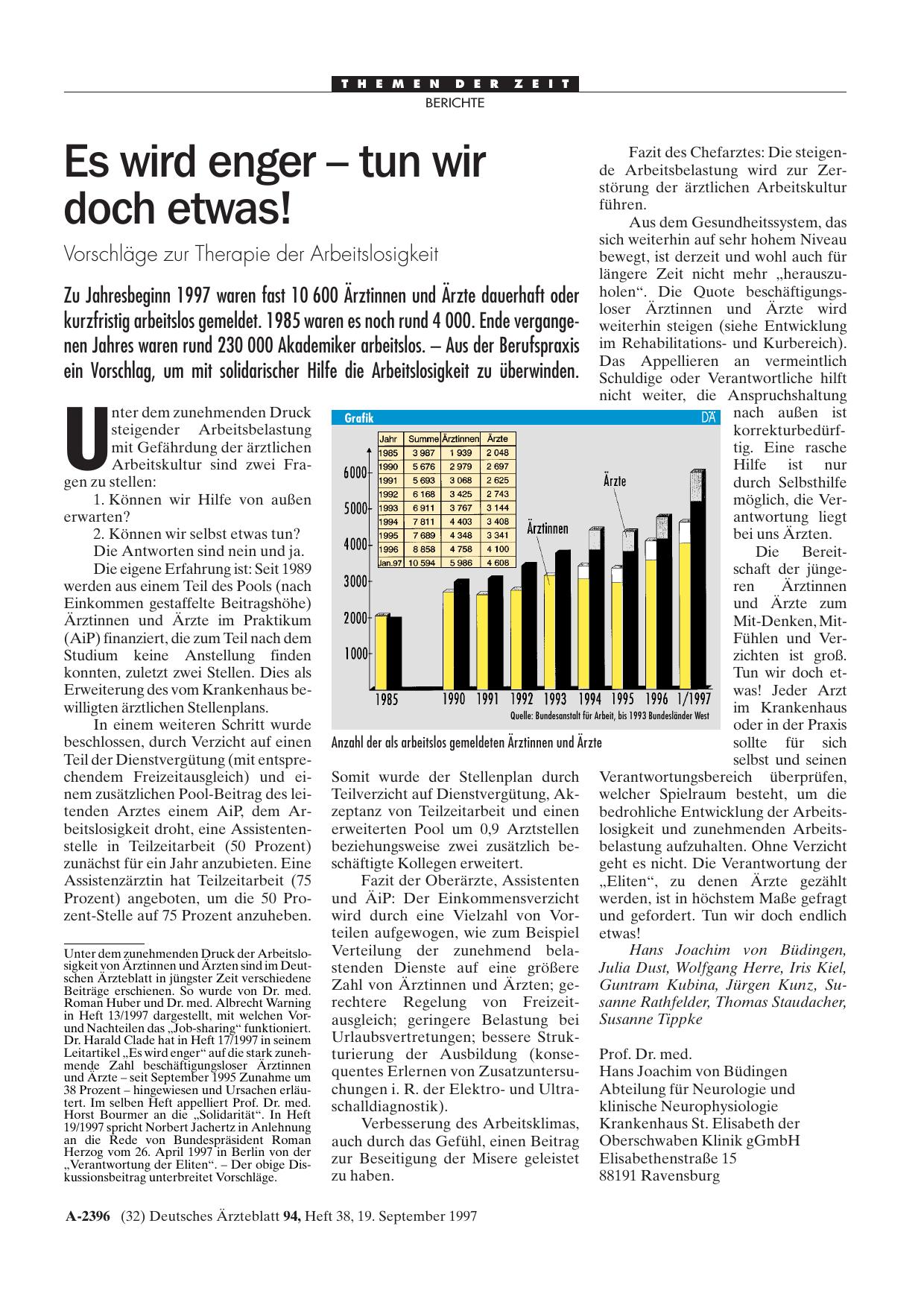Vorschauseite 1: Es wird enger - tun wir doch etwas! Vorschläge zur Therapie der Arbeitslosigkeit