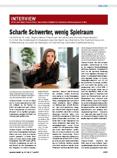 Vorschauseite 1: Interview mit Dr. med. Regina Klakow-Franck, Unparteiisches Mitglied im Gemeinsamen Bundesausschuss (G-BA): Scharfe Schwerter, wenig Spielraum