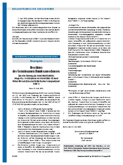 Vorschauseite 1: Beschluss des Gemeinsamen Bundesausschusses über eine Änderung der Arzneimittel-Richtlinie: Anlage XIIa – Kombinationen von Arzneimitteln mit neuen Wirkstoffen nach § 35a des Fünf…