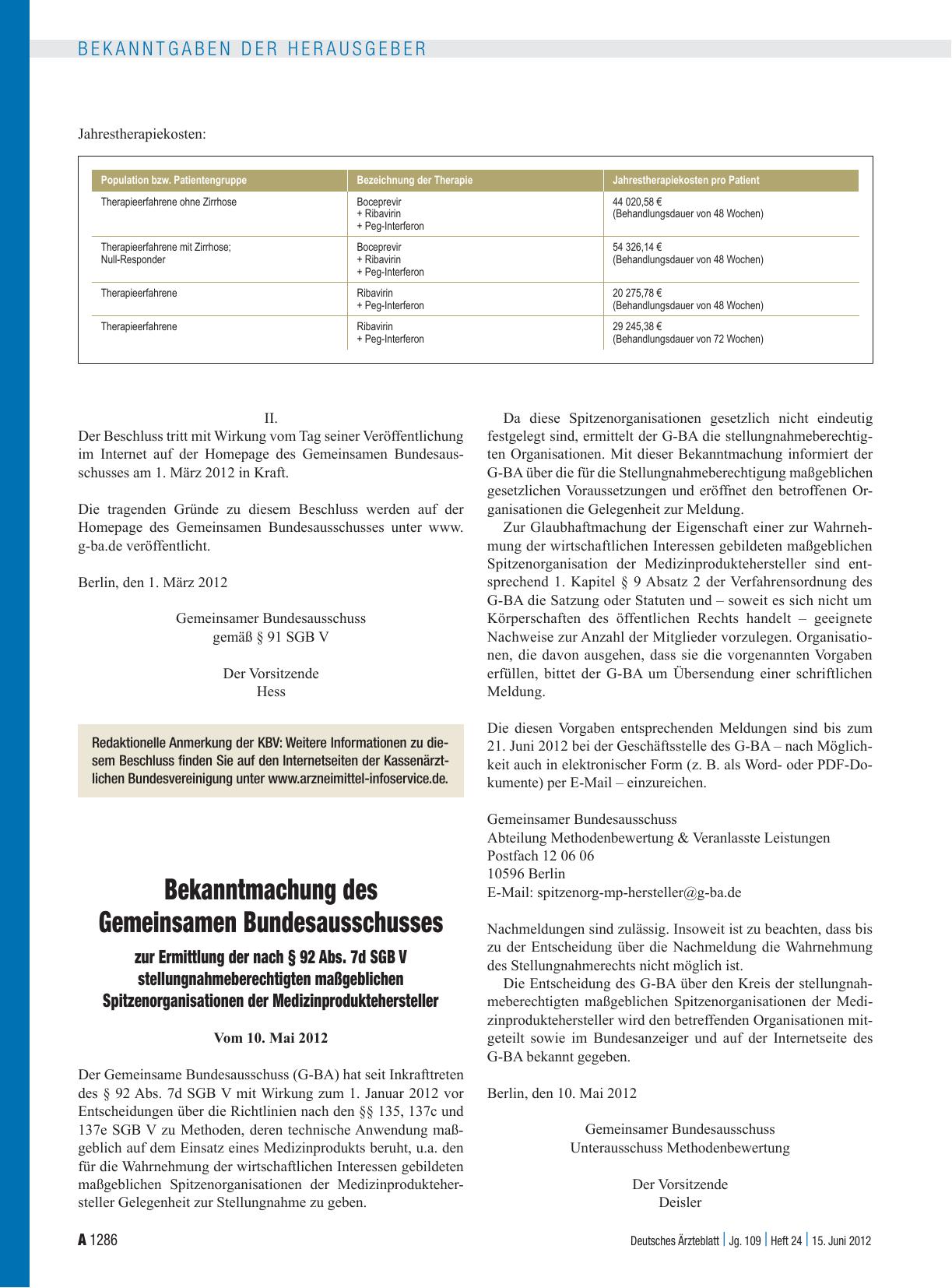 Vorschauseite 1: Bekanntmachung des Gemeinsamen Bundesausschusses zur Ermittlung der nach § 92 Abs. 7d SGB V stellungnahmeberechtigten maßgeblichen Spitzenorganisationen der Medizinprodukteherstel…