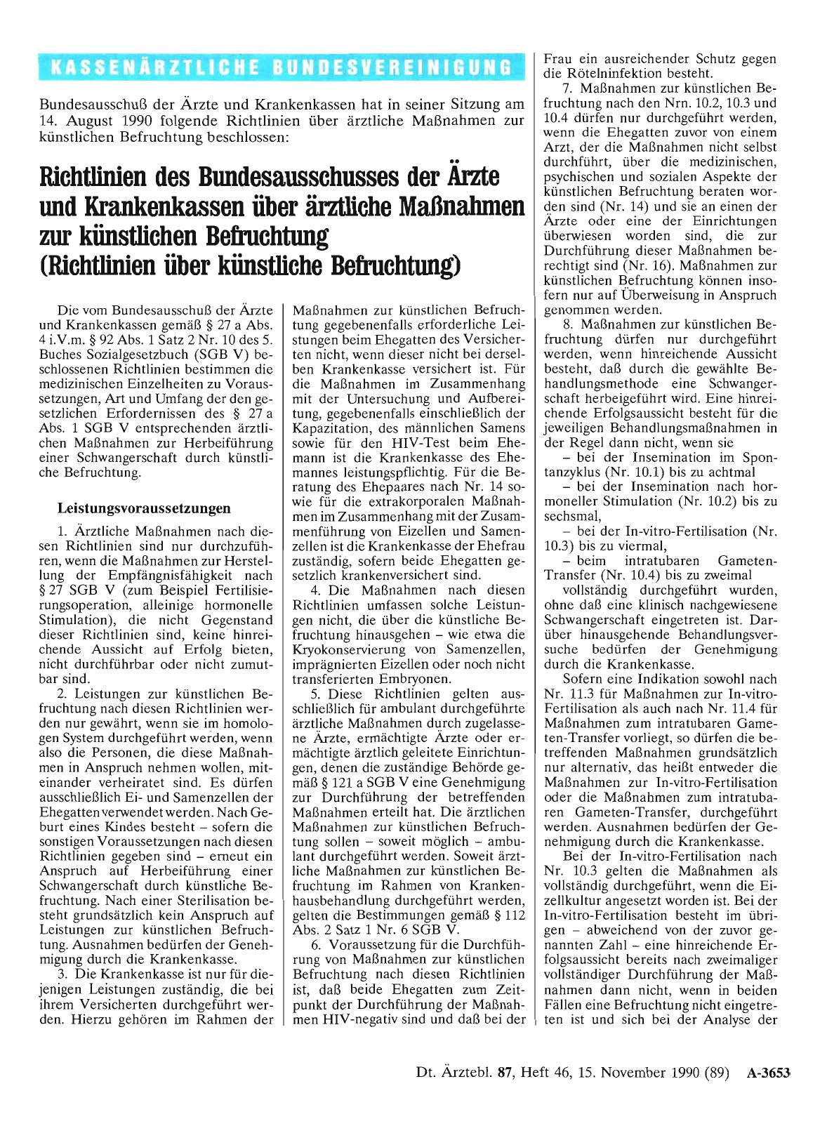 Vorschauseite 1: Bundesausschuß der Ärzte und Krankenkassen hat in seiner Sitzung am 14. August 1990 folgende Richtlinien über ärztliche Maßnahmen zur künstlichen Befruchtung beschlossen: Richtlin…
