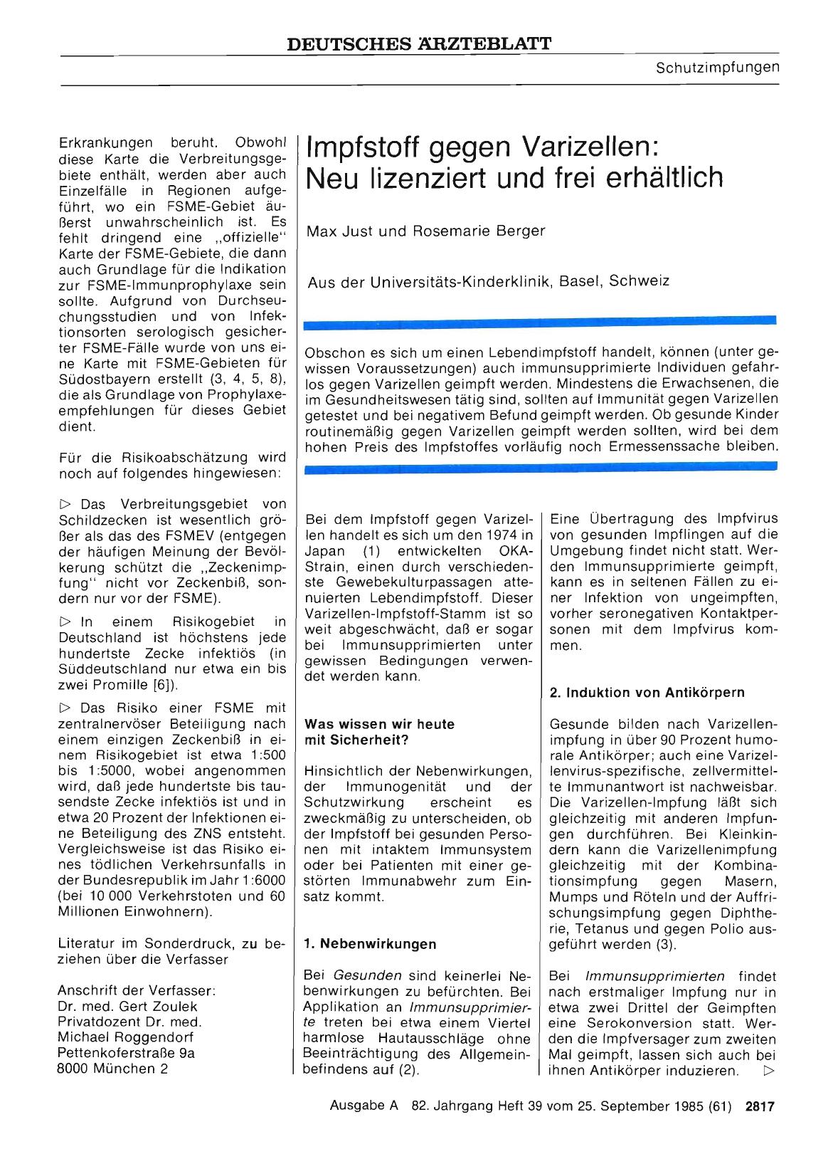 Vorschauseite 1: Schutzimpfungen: Impfstoff gegen Varizellen: Neu lizenziert und frei erhältlich