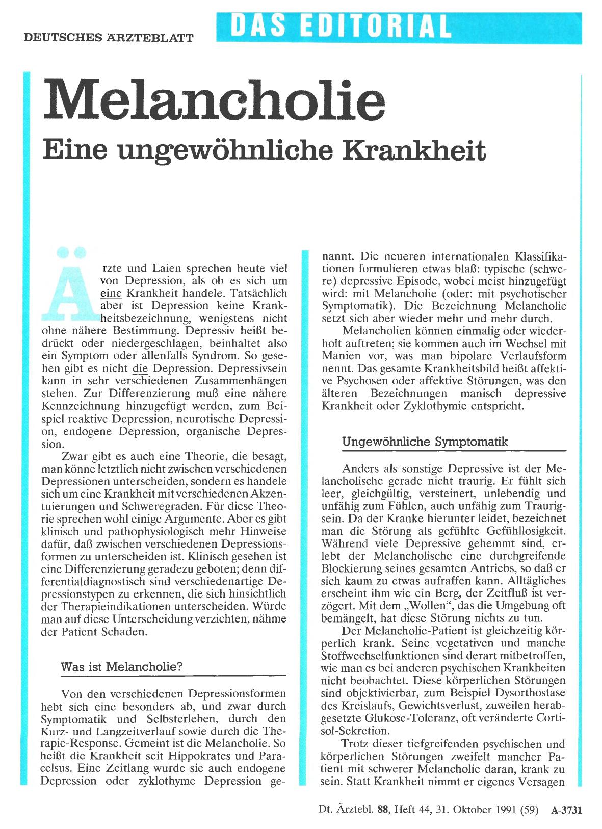 Vorschauseite 1: Melancholie: Eine ungewöhnliche Krankheit