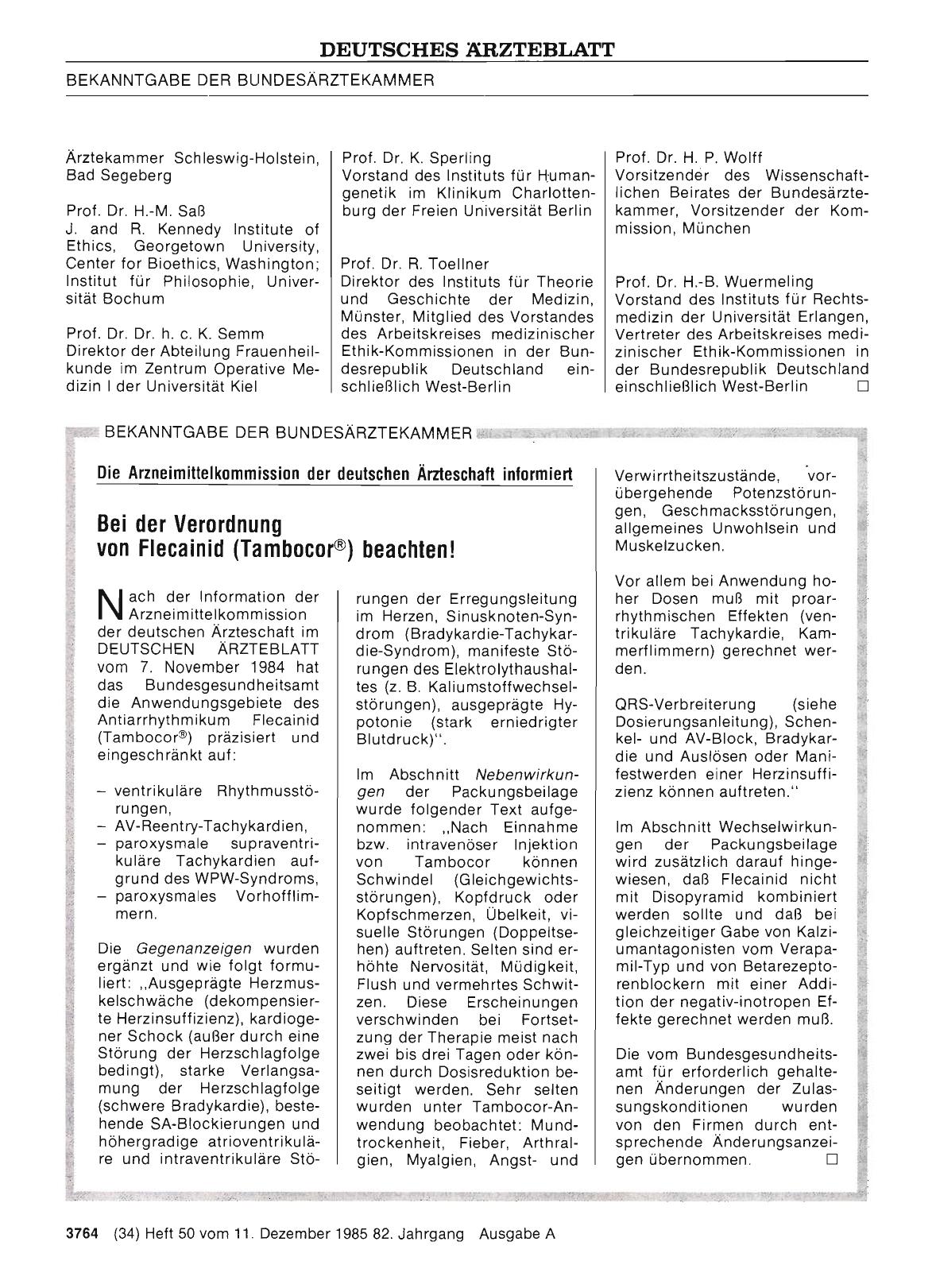 Vorschauseite 1: BEKANNTGABE DER BUNDESÄRZTEKAMMER: Die Arzneimittelkommission der deutschen Ärzteschaft informiert: Bei der Verordnung von Flecainid (Tambocor®) beachten!