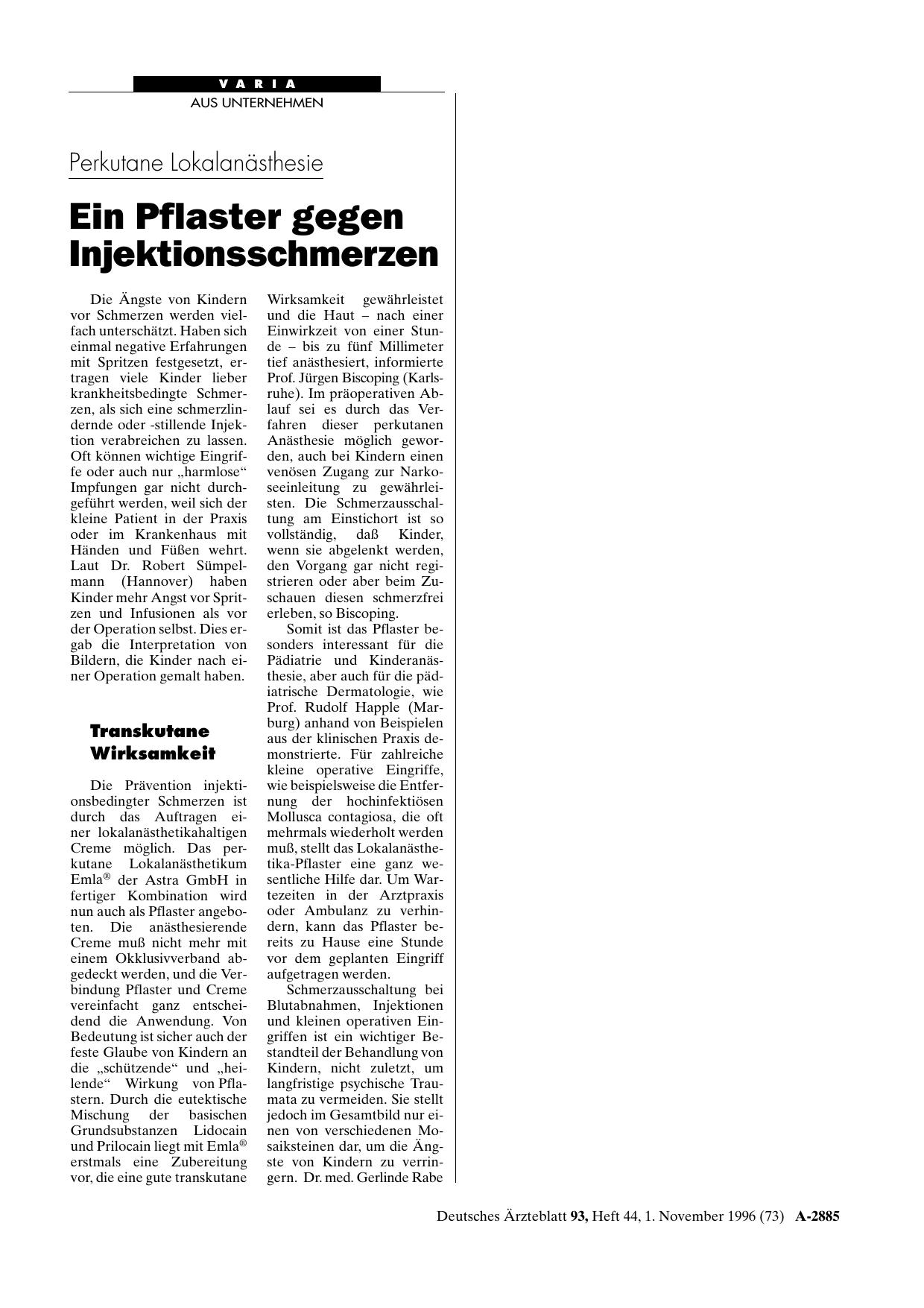 Vorschauseite 1: Perkutane Lokalanästhesie: Ein Pflaster gegen Injektionsschmerzen
