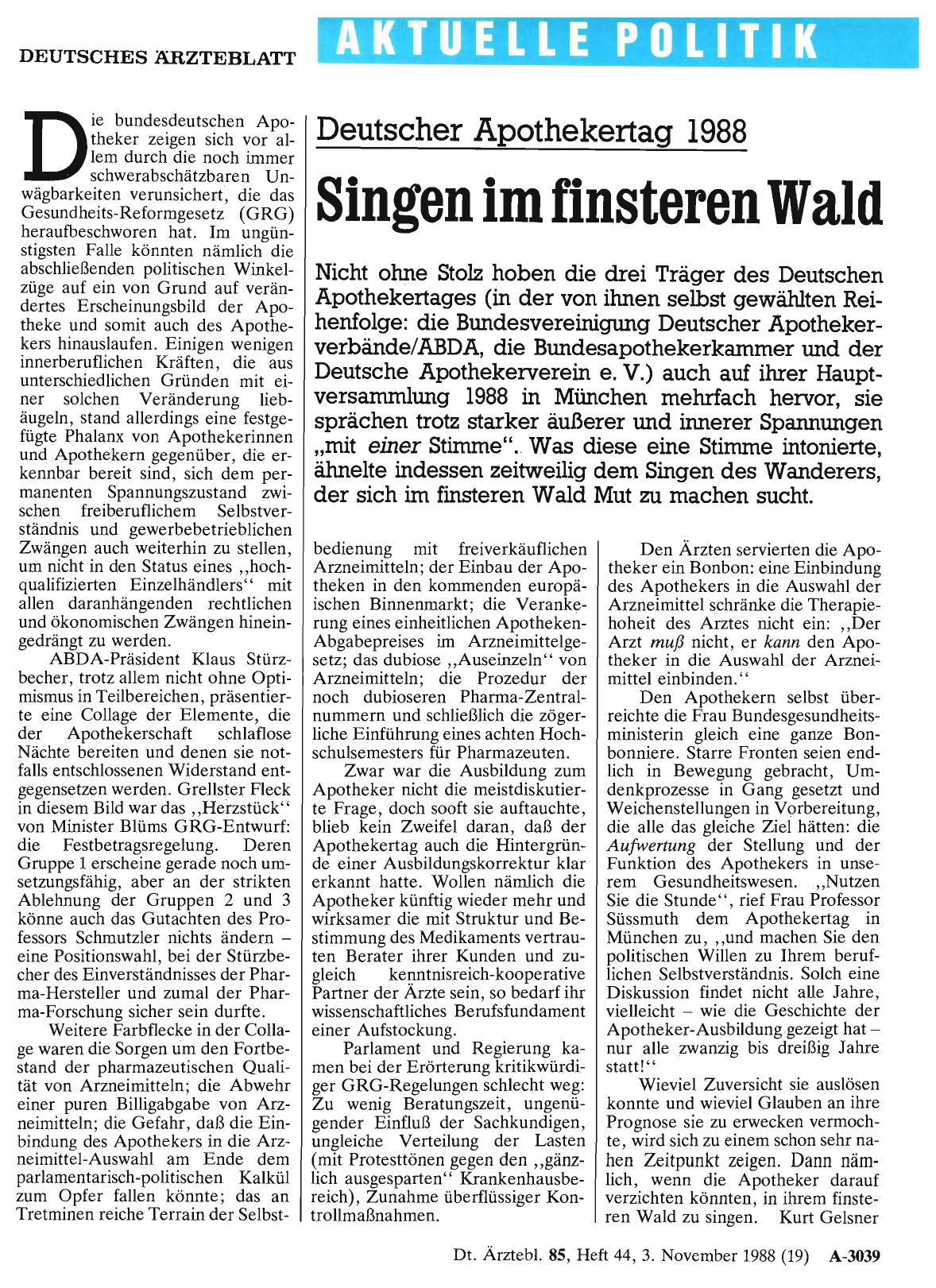Vorschauseite 1: Deutscher Apothekertag 1988: Singen im finsteren Wald