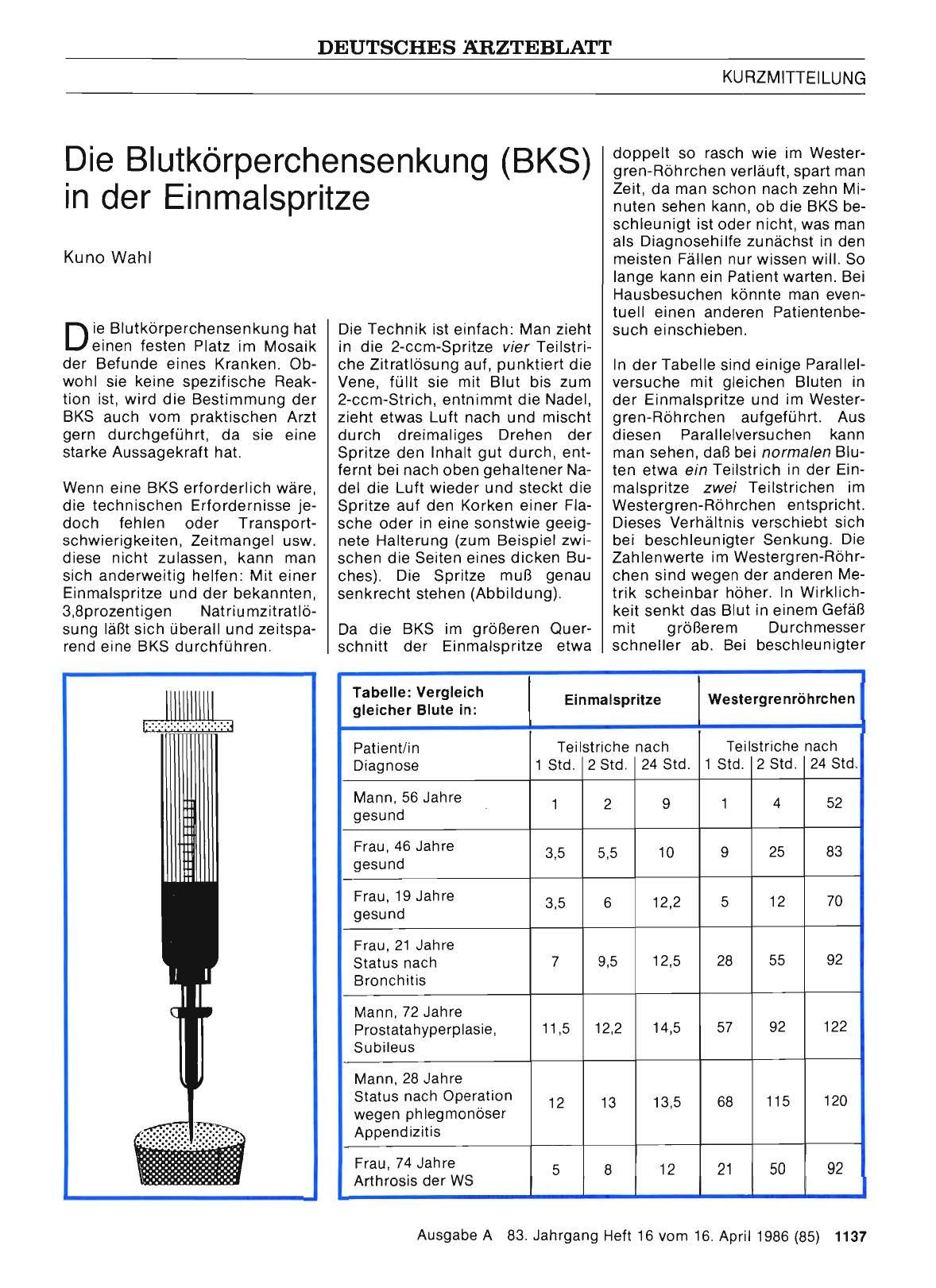 Vorschauseite 1: Die Blutkörperchensenkung (BKS) in der Einmalspritze