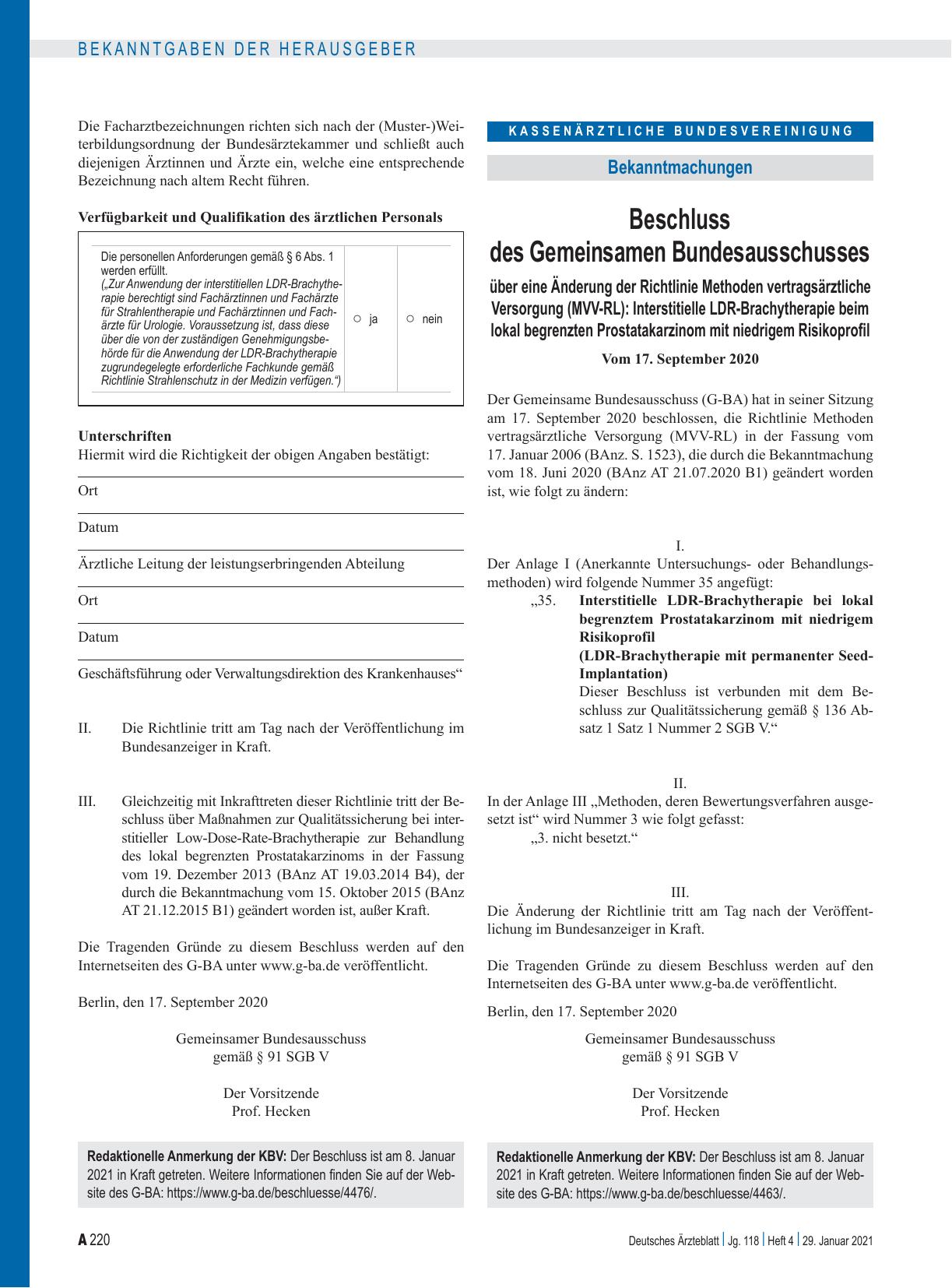 Vorschauseite 1: Beschluss des Gemeinsamen Bundesausschusses über eine Änderung der Richtlinie Methoden vertragsärztliche Versorgung (MVV-RL): Interstitielle LDR-Brachytherapie beim lokal begrenzt…