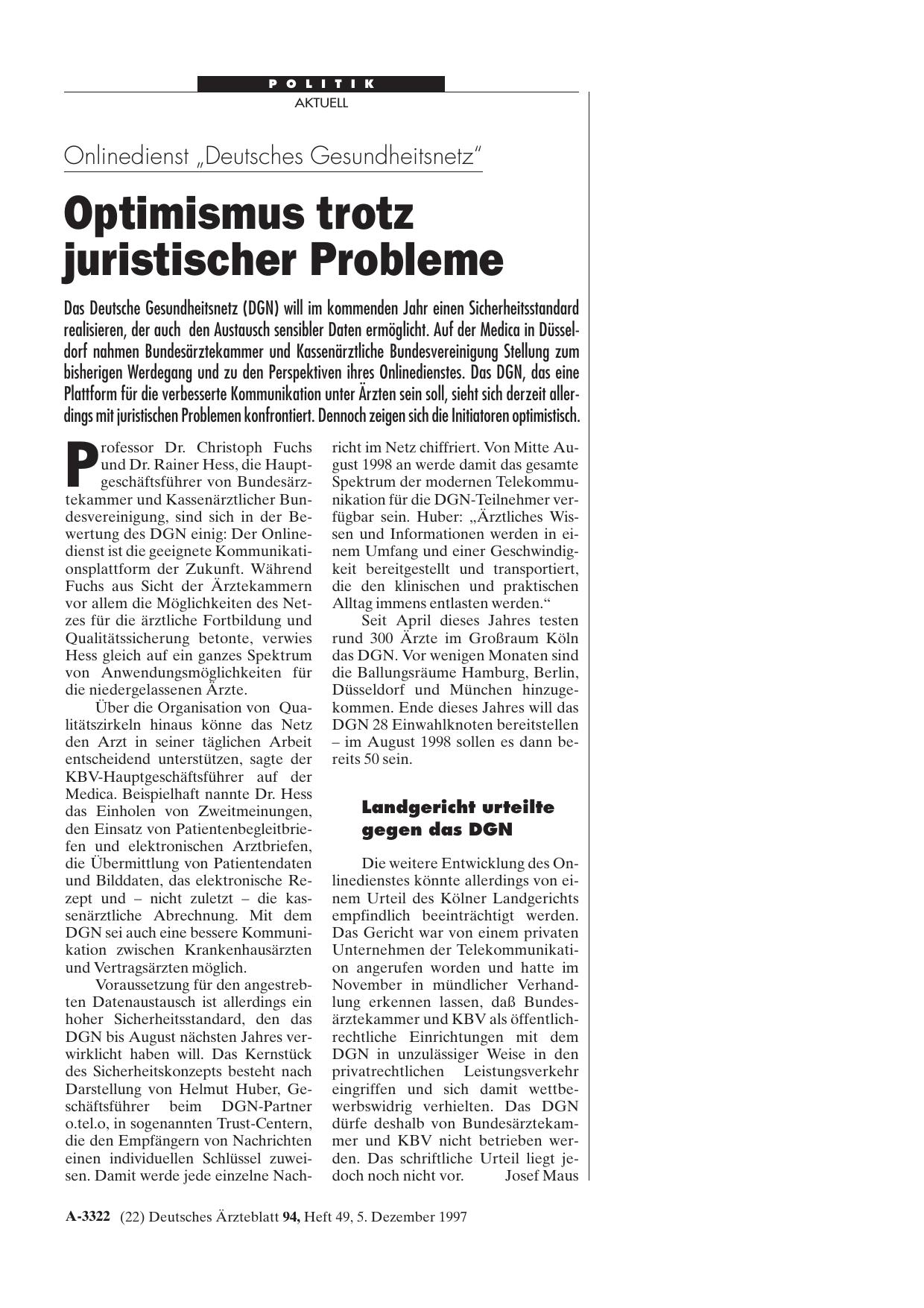 Vorschauseite 1: Onlinedienst „Deutsches Gesundheitsnetz“: Optimismus trotz juristischer Probleme