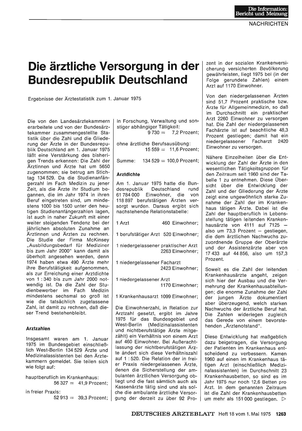 Vorschauseite 1: Die ärztliche Versorgung in der Bundesrepublik Deutschland: Ergebnisse der Ärztestatistik zum 1. Januar 1975
