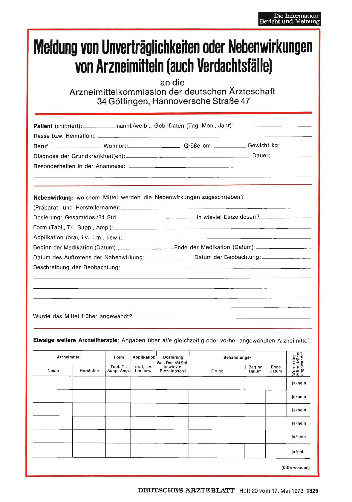 Vorschauseite 1: Meldung von Unverträglichkeiten oder Nebenwirkungen von Arzneimitteln