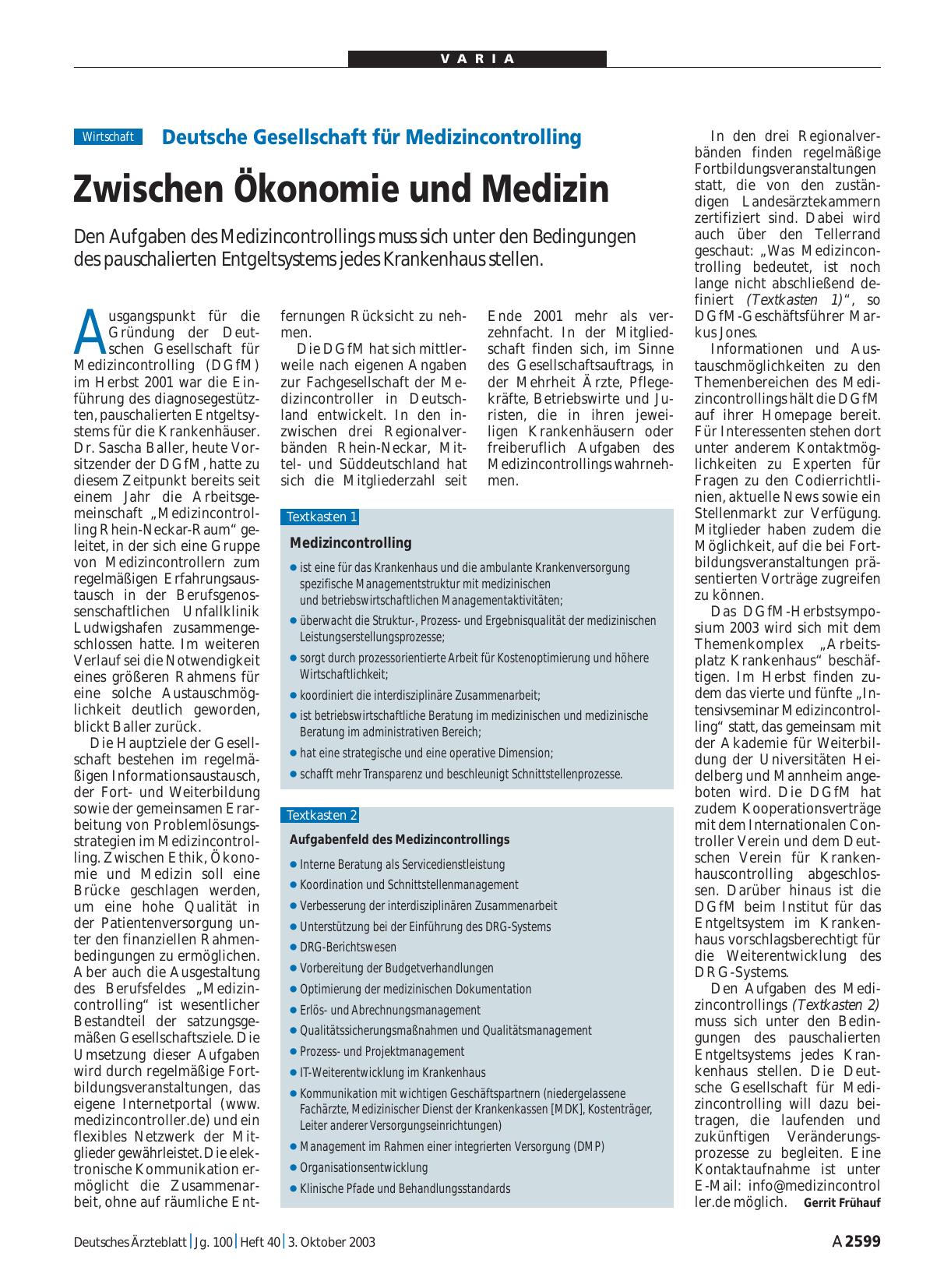 Vorschauseite 1: Deutsche Gesellschaft für Medizincontrolling: Zwischen Ökonomie und Medizin