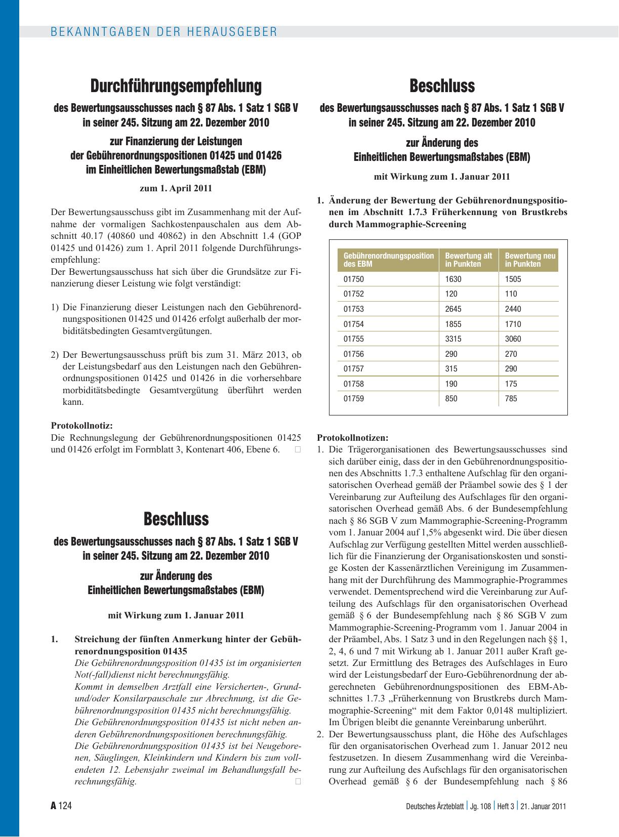 Vorschauseite 1: Beschluss des Bewertungsausschusses nach § 87 Abs. 1 Satz 1 SGB V in seiner 245. Sitzung am 22. Dezember 2010 zur Änderung des Einheitlichen Bewertungsmaßstabes (EBM)