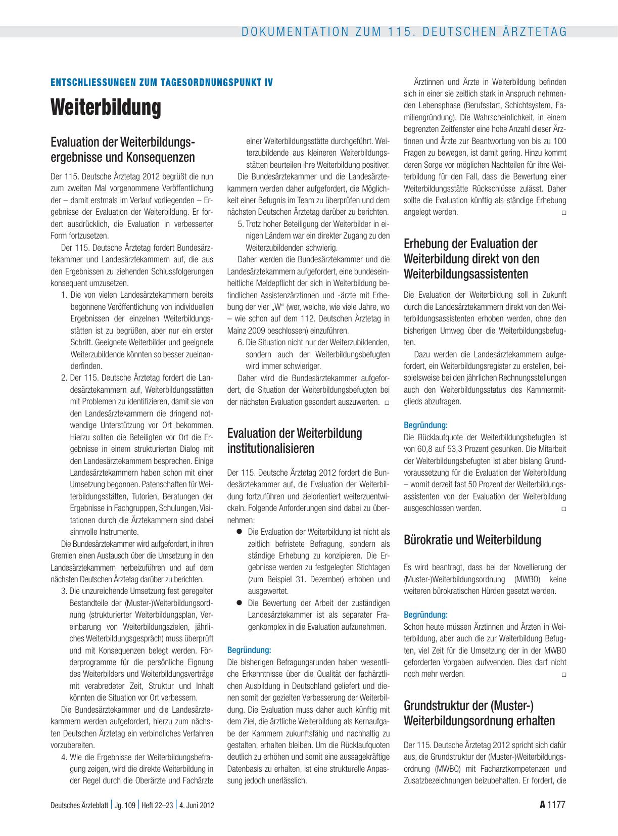 Vorschauseite 1: Entschließungen zum Tagesordnungspunkt IV: Weiterbildung