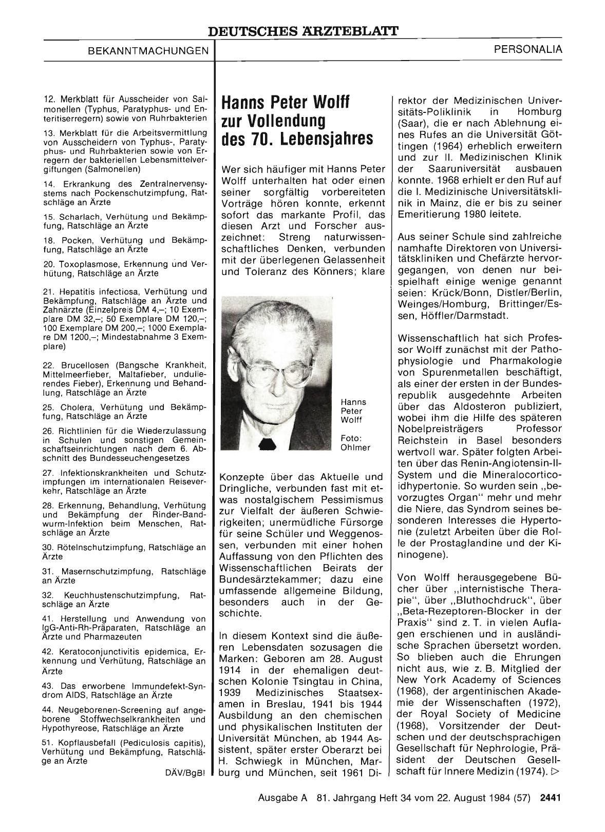 Vorschauseite 1: Hanns Peter Wolff zur Vollendung des 70. Lebensjahres