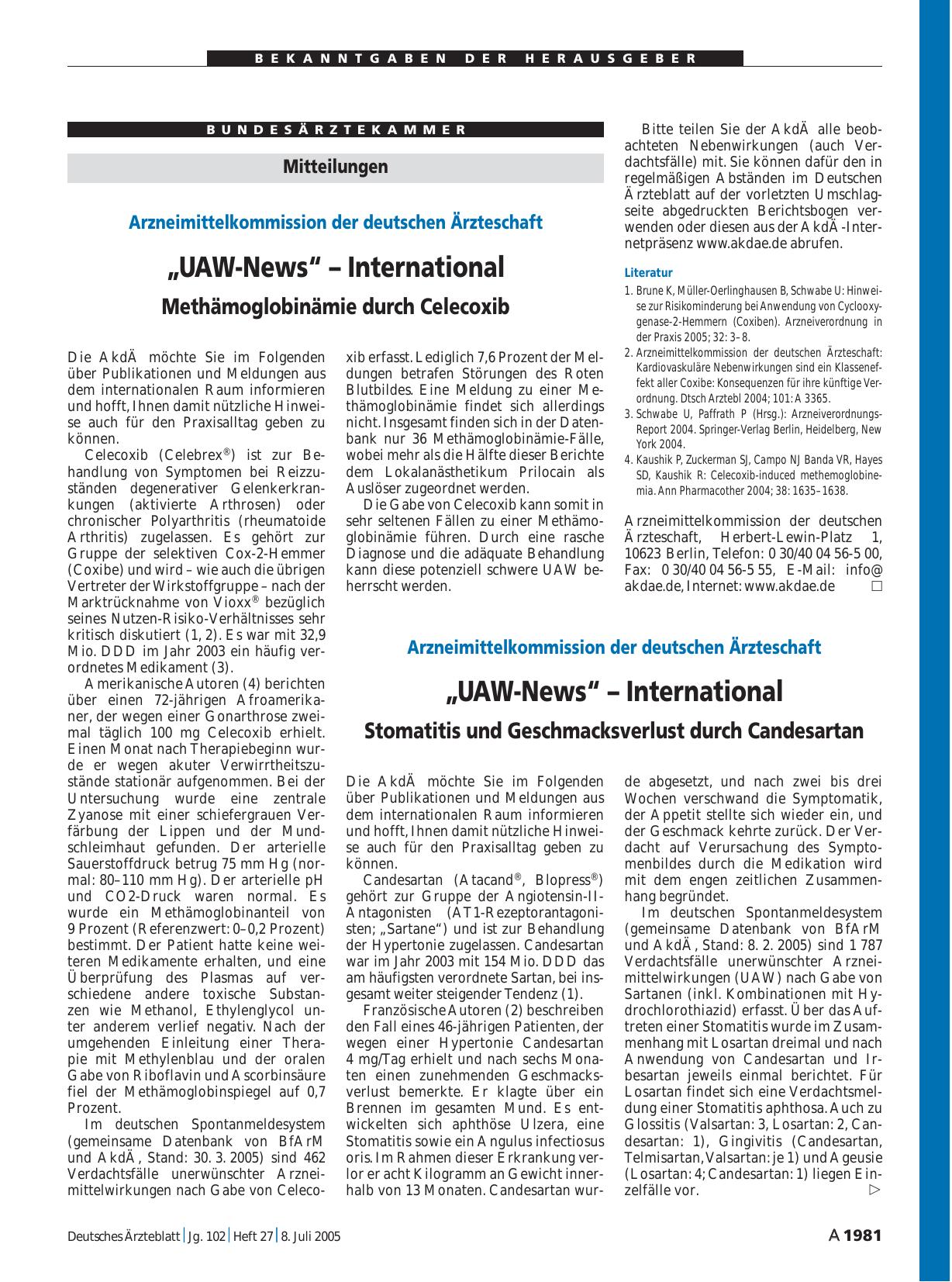 Vorschauseite 1: Arzneimittelkommission der deutschen Ärzteschaft: „UAW-News“ – International
