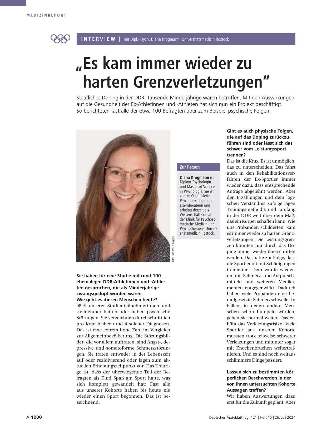Vorschauseite 1: Interview mit Dipl.-Psych. Diana Krogmann, Universitätsmedizin Rostock: „Es kam immer wieder zu harten Grenzverletzungen“