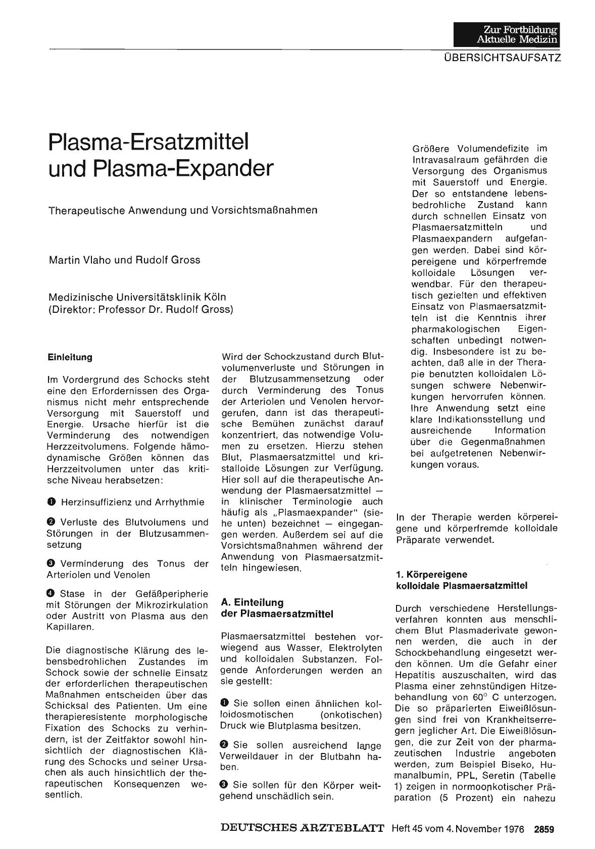 Vorschauseite 1: Plasma-Ersatzmittel und Plasma-Expander: Therapeutische Anwendung und Vorsichtsmaßnahmen