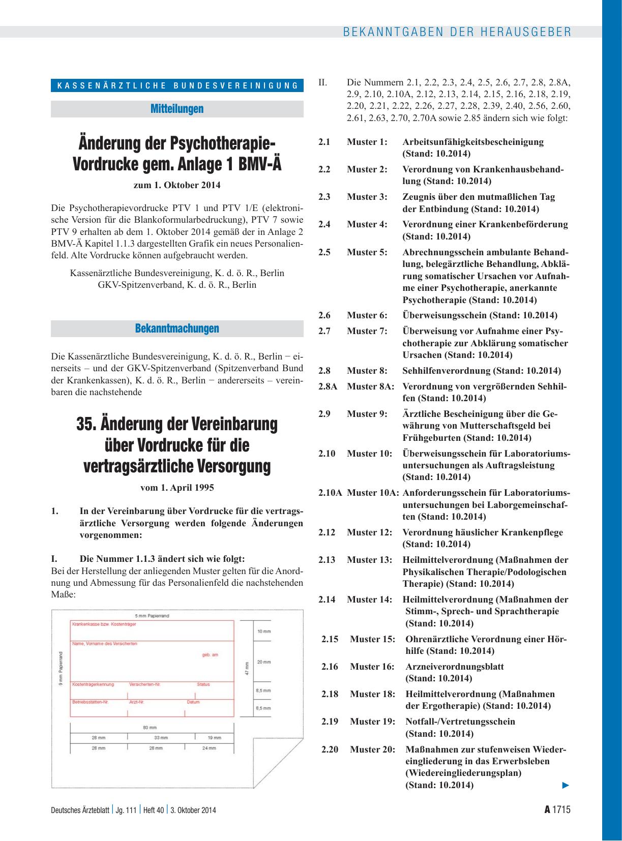 Vorschauseite 1: 35. Änderung der Vereinbarung über Vordrucke für die vertragsärztliche Versorgung