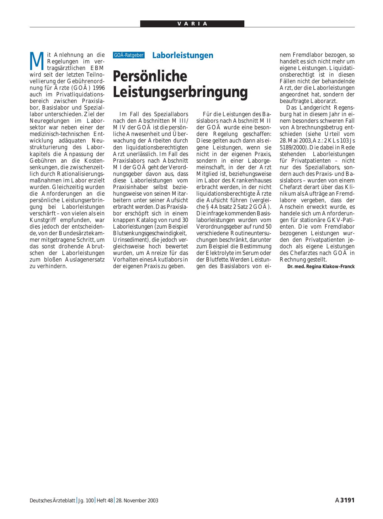 Vorschauseite 1: Laborleistungen: Persönliche Leistungserbringung