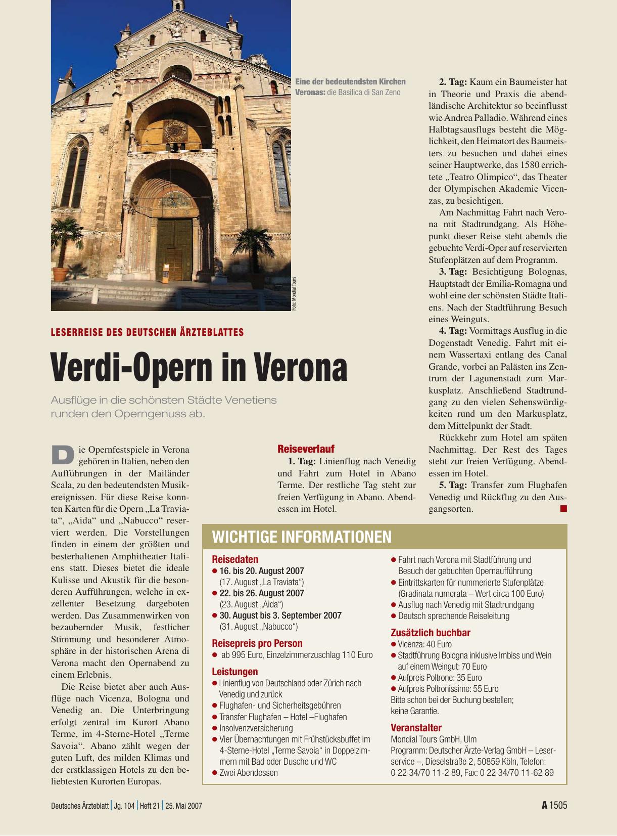 Vorschauseite 1: Leserreise des Deutschen Ärzteblattes: Verdi-Opern in Verona