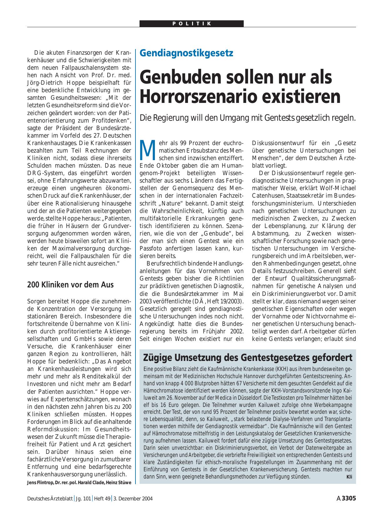 Vorschauseite 1: Zügige Umsetzung des Gentestgesetzes gefordert