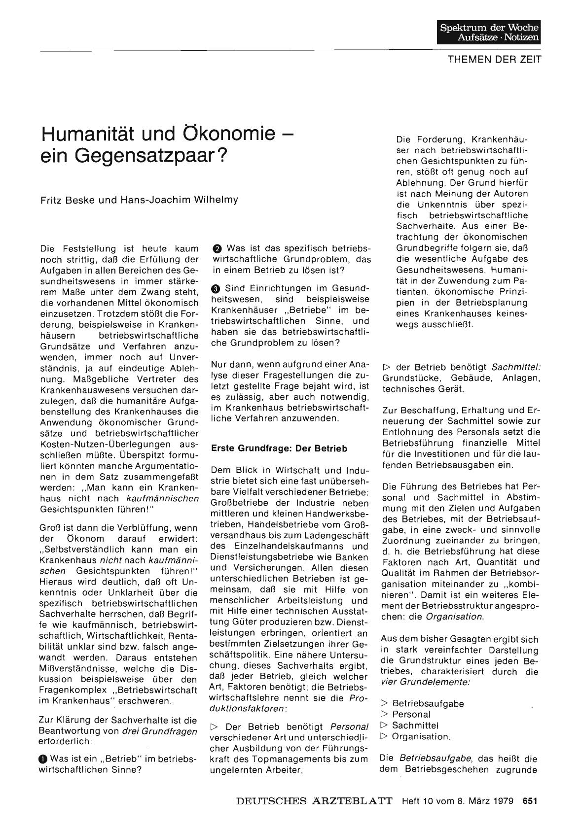 Vorschauseite 1: Humanität und Ökonomie — ein Gegensatzpaar?