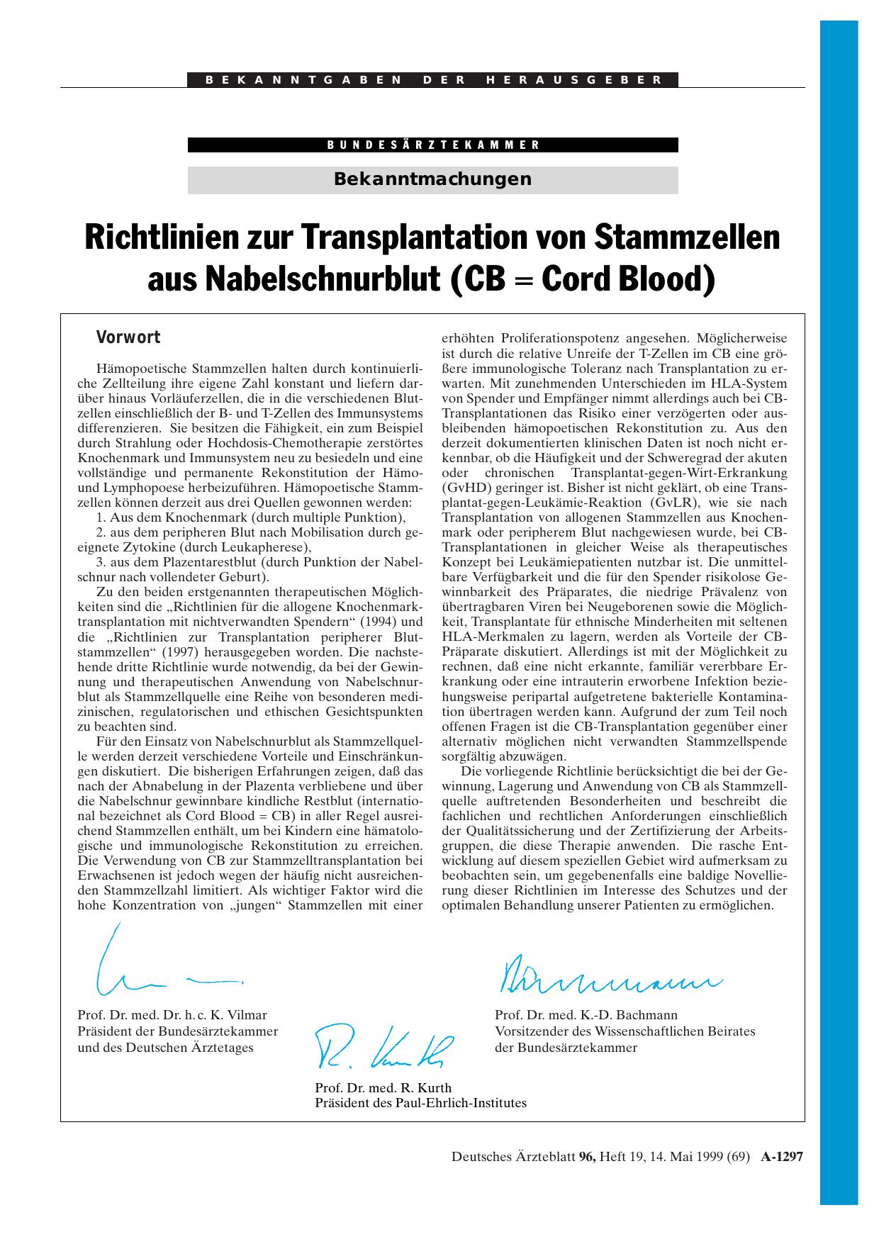 Vorschauseite 1: Richtlinien zur Transplantation von Stammzellen aus Nabelschnurblut (CB = Cord Blood)