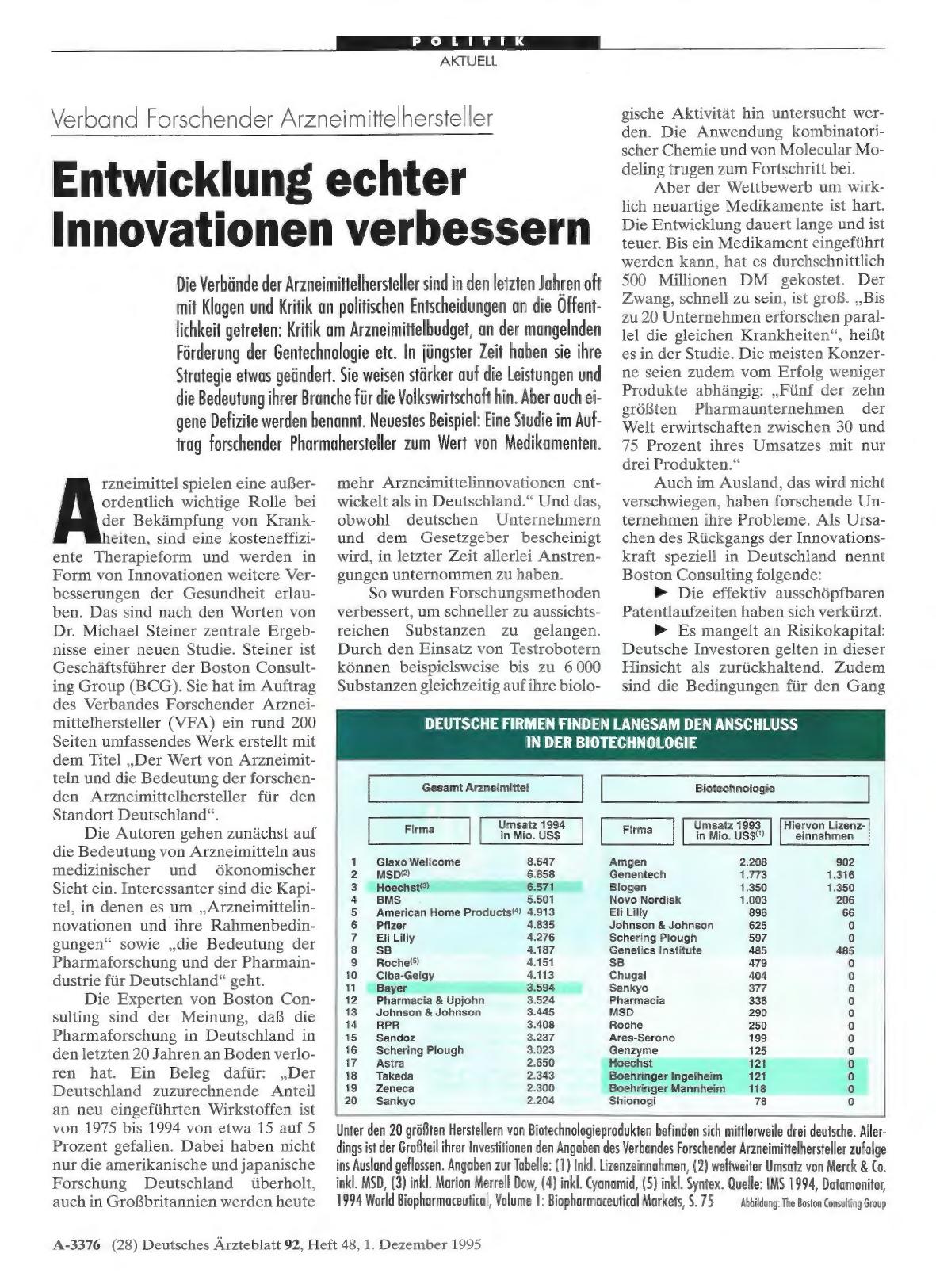 Vorschauseite 1: Verband Forschender Arzneimittelhersteller: Entwicklung echter Innovationen verbessern
