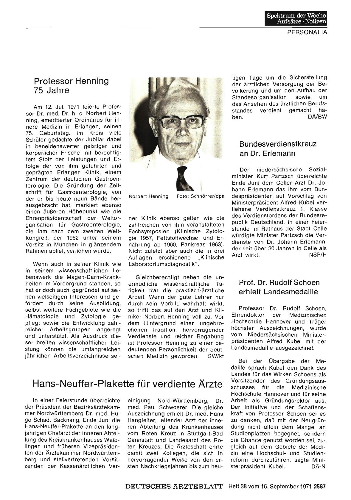 Vorschauseite 1: Hans-Neuffer-Plakette für verdiente Ärzte