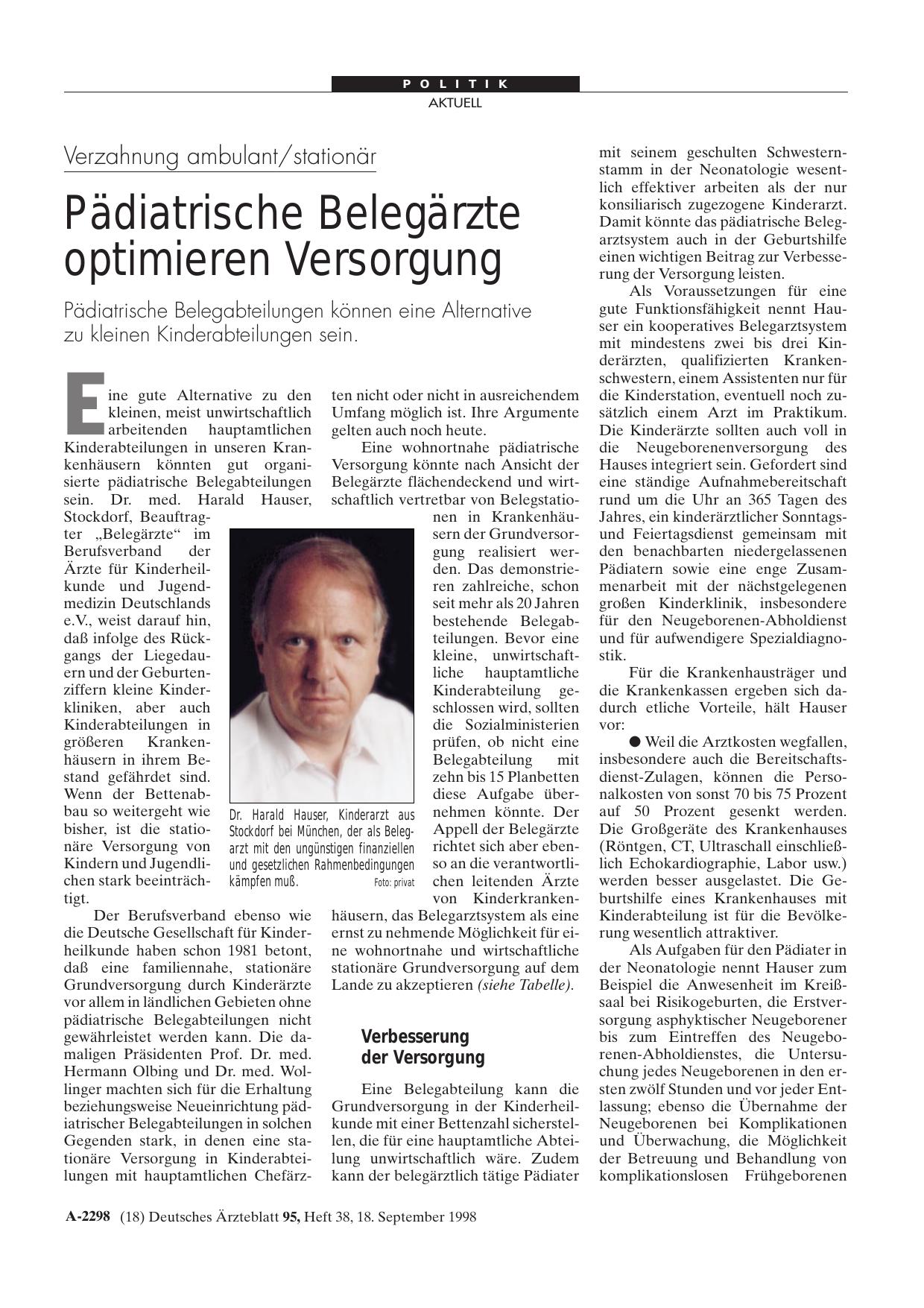 Vorschauseite 1: Verzahnung ambulant/stationär Pädiatrische Belegärzte optimieren Versorgung