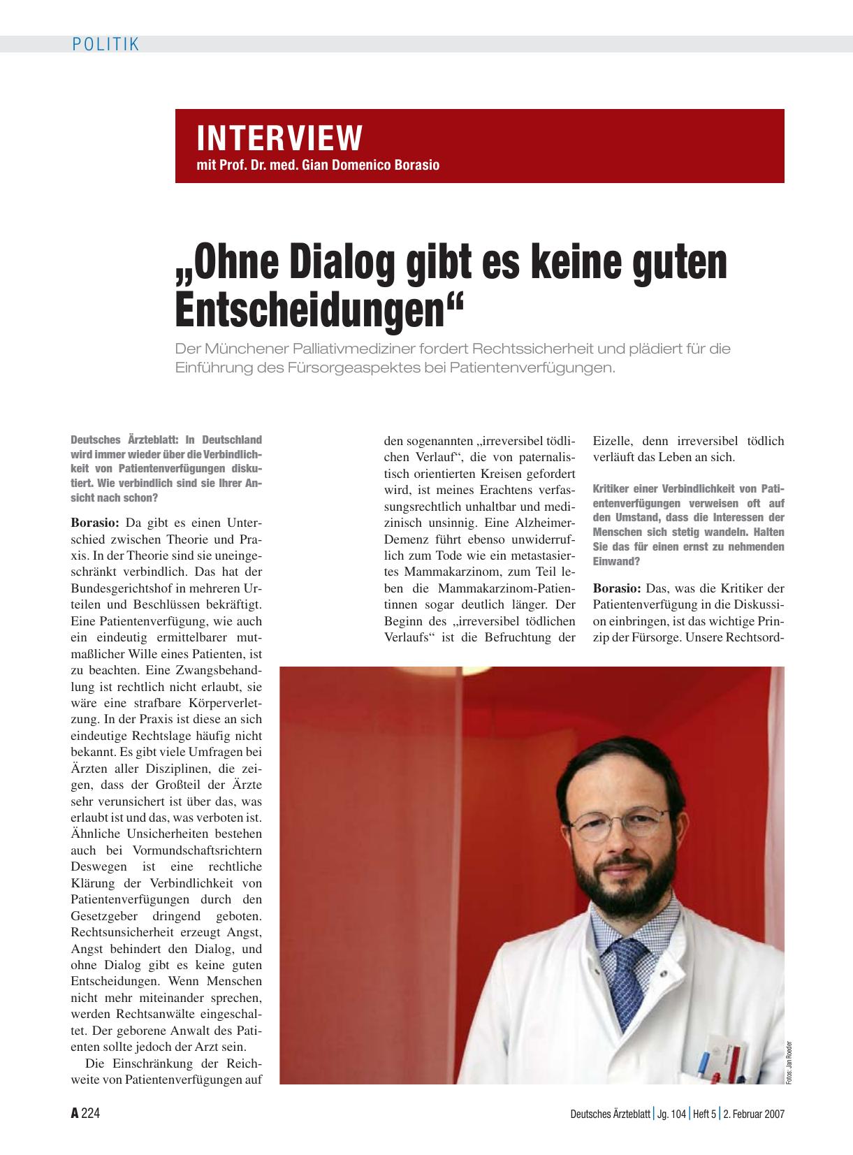 Vorschauseite 1: Interview mit Prof. Dr. med. Gian Domenico Borasio: „Ohne Dialog gibt es keine guten Entscheidungen“