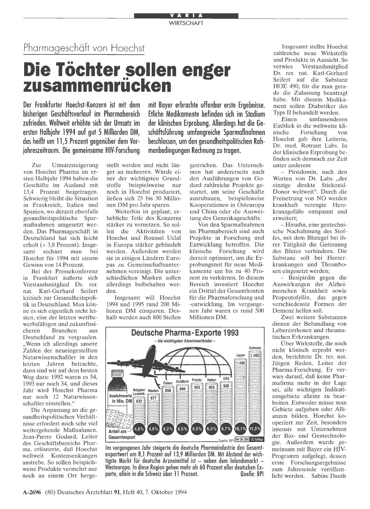 Vorschauseite 1: Pharmageschäft von Hoechst: Die Töchter sollen enger zusammenrücken