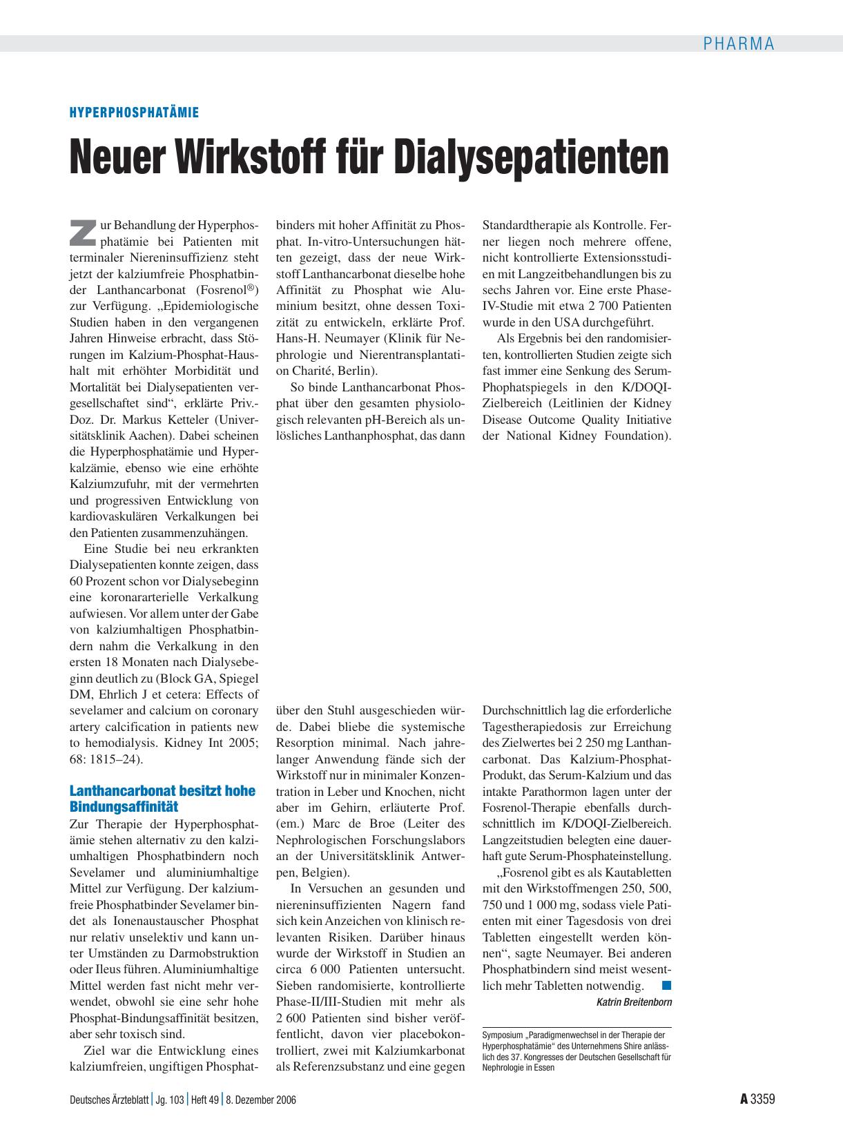 Vorschauseite 1: Hyperphosphatämie: Neuer Wirkstoff für Dialysepatienten