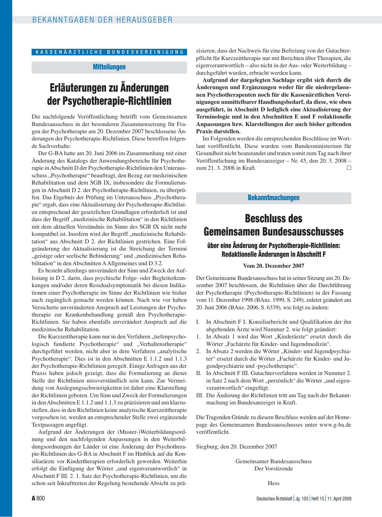 Vorschauseite 1: Bekanntmachungen: Beschluss des Gemeinsamen Bundesausschusses über eine Änderung der Psychotherapie-Richtlinien: Redaktionelle Änderungen in Abschnitt F vom 20. Dezember 2007