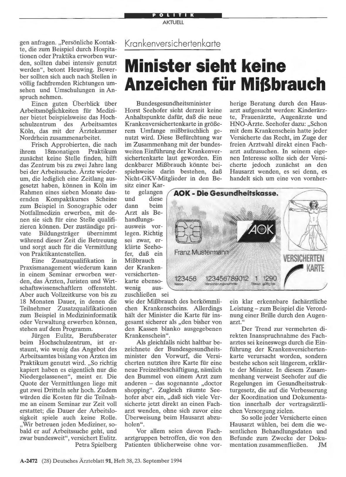 Vorschauseite 1: Krankenversichertenkarte: Minister sieht keine Anzeichen für Mißbrauch