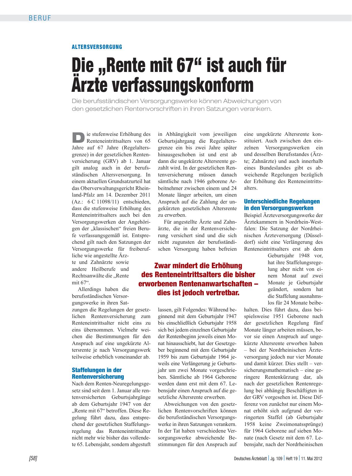 Vorschauseite 1: Altersversorgung: Die „Rente mit 67“ ist auch für Ärzte verfassungskonform
