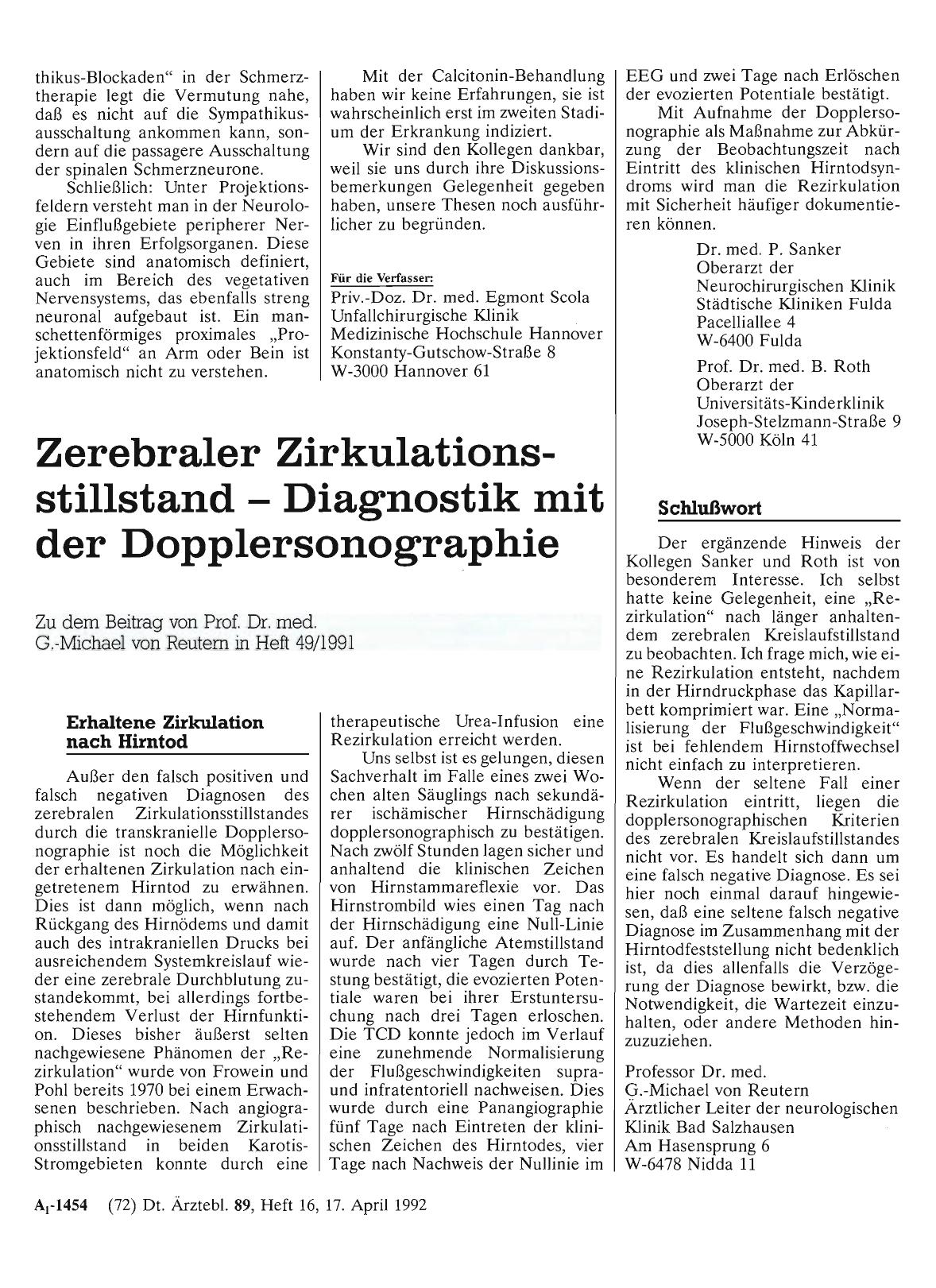 Vorschauseite 1: Zerebraler Zirkulationsstillstand - Diagnostik mit der Dopplersonographie: Schlußwort