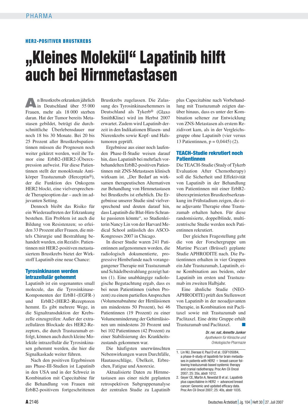 Vorschauseite 1: HER2-positiver Brustkrebs: „Kleines Molekül“ Lapatinib hilft auch bei Hirnmetastasen