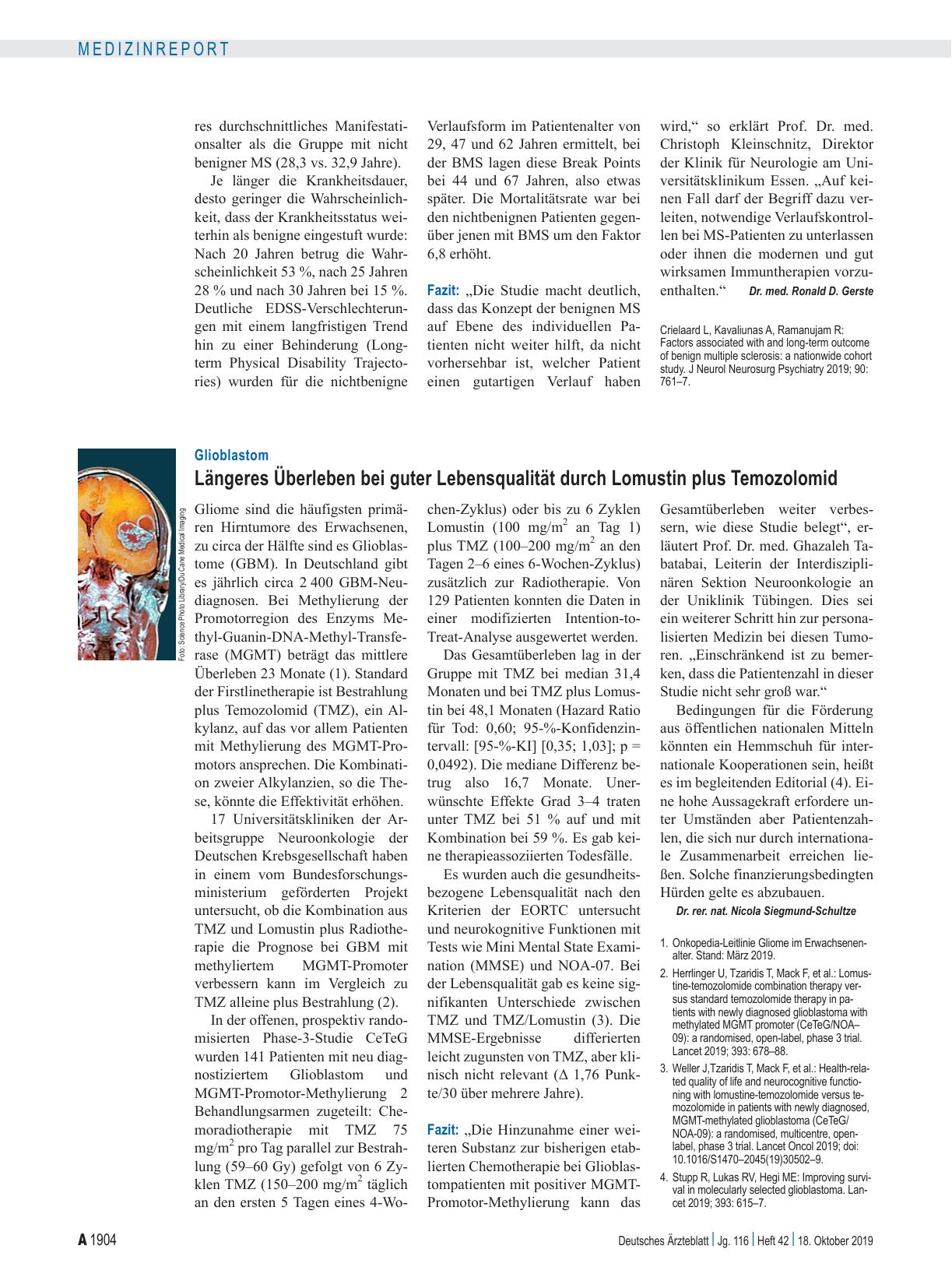 Vorschauseite 1: Glioblastom: Längeres Überleben bei guter Lebensqualität durch Lomustin plus Temozolomid