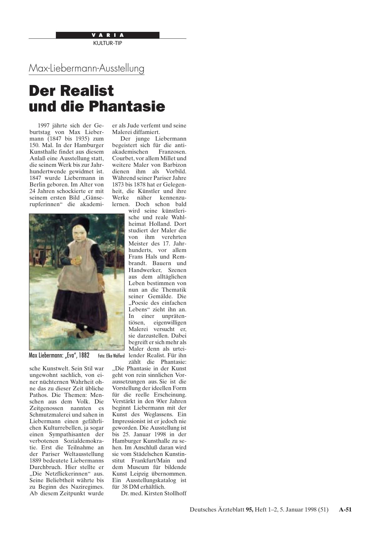 Vorschauseite 1: Max-Liebermann-Ausstellung: Der Realist und die Phantasie