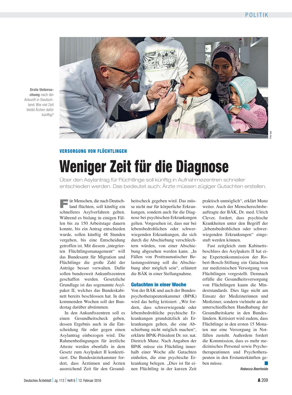 Vorschauseite 1: Versorgung von Flüchtlingen: Weniger Zeit für die Diagnose