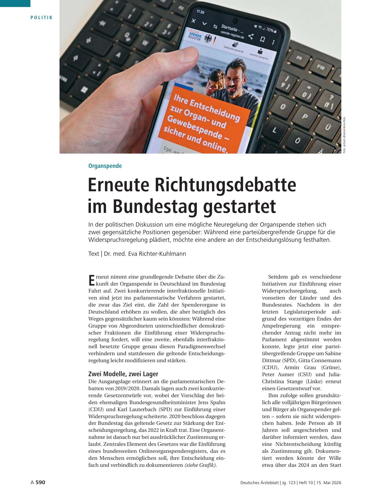 Vorschauseite 1: Organspende: Erneute Richtungsdebatte im Bundestag gestartet