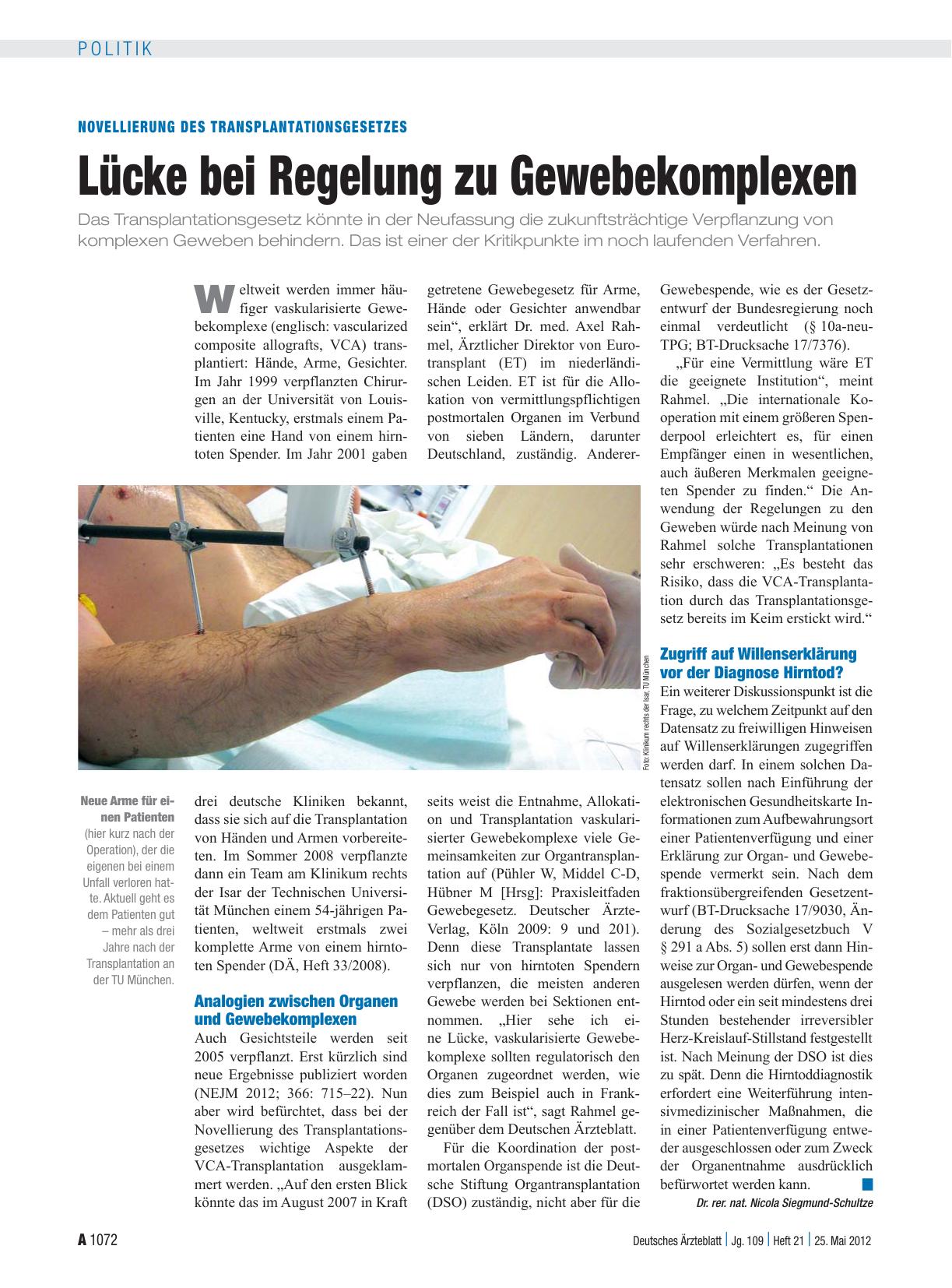 Vorschauseite 1: Novellierung des Transplantationsgesetzes: Lücke bei Regelung zu Gewebekomplexen