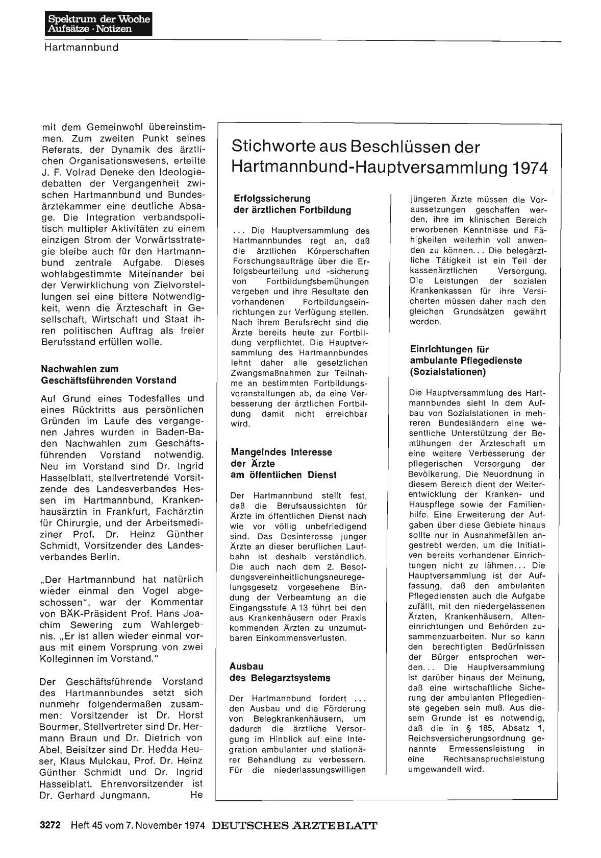 Vorschauseite 1: Stichworte aus Beschlüssen der Hartmannbund-Hauptversammlung 1974