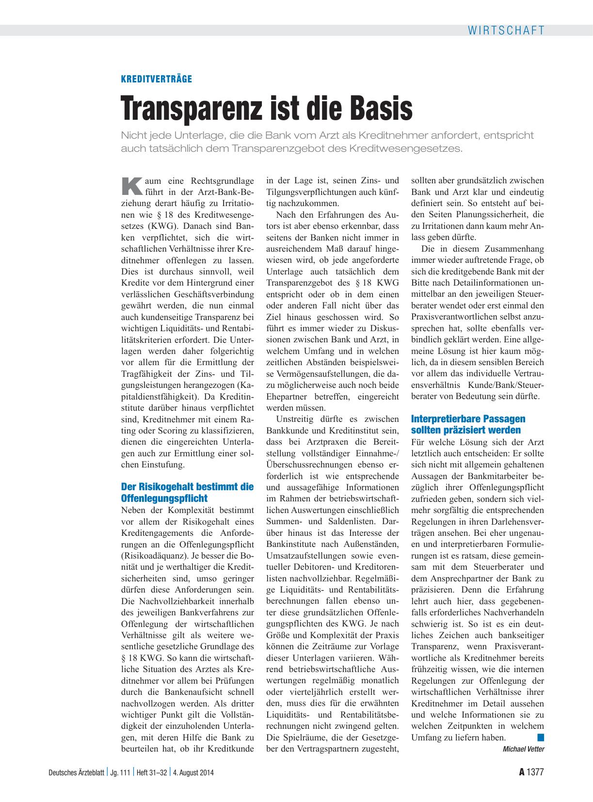 Vorschauseite 1: Kreditverträge: Transparenz ist die Basis