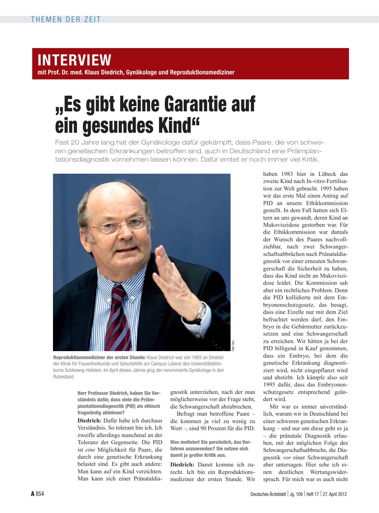 Vorschauseite 1: Interview mit Prof. Dr. med. Klaus Diedrich, Gynäkologe und Reproduktionsmediziner „Es gibt keine Garantie auf ein gesundes Kind“