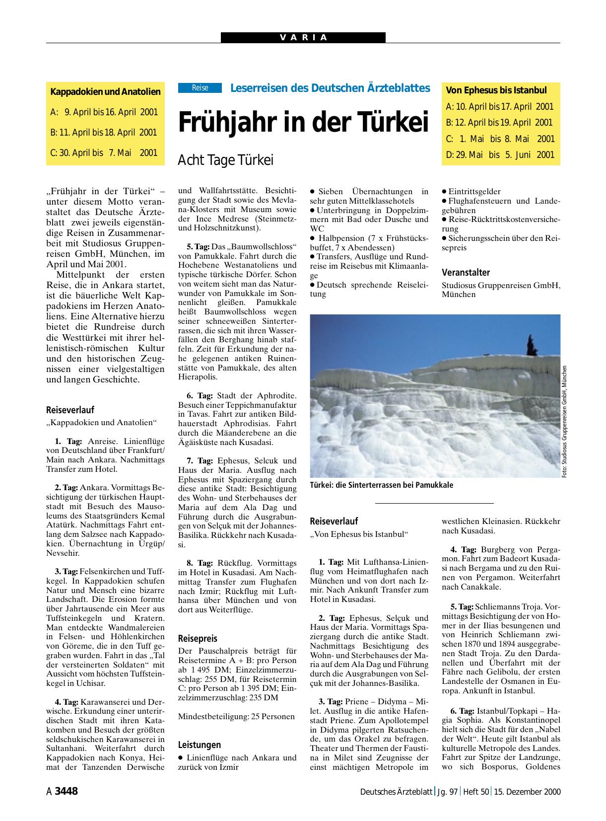 Vorschauseite 1: Leserreisen des Deutschen Ärzteblattes: Frühjahr in der Türkei